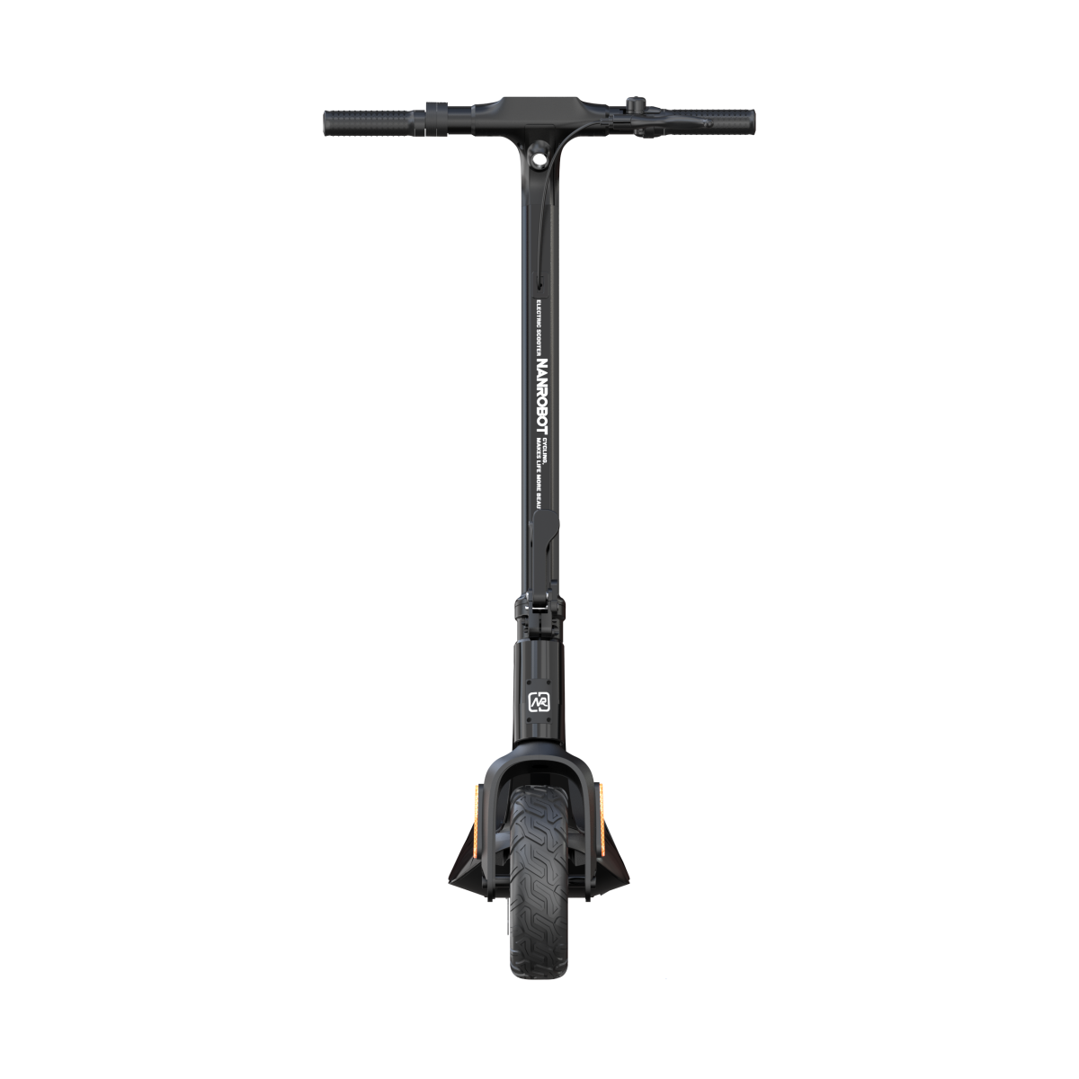 Czarny skuter elektryczny Nanrobot stoi na czarnym tle. Ma kierownicę, wspornik i pojedyncze przednie koło.