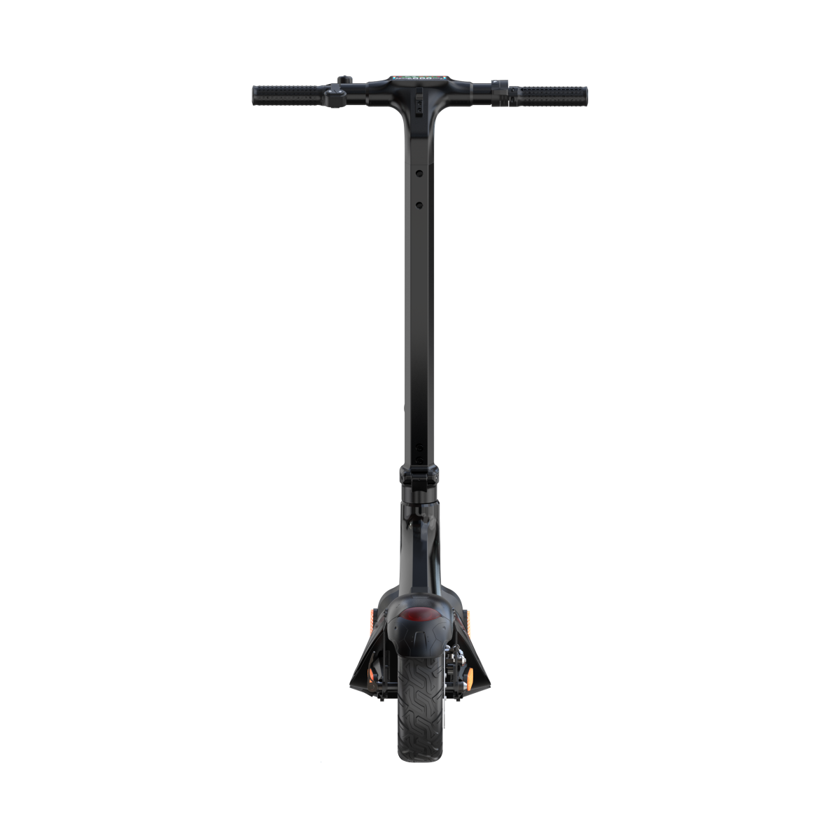 Czarny skuter elektryczny jest wyśrodkowany na czarnym tle. Widoczna jest kierownica, wspornik i podstawa skutera.