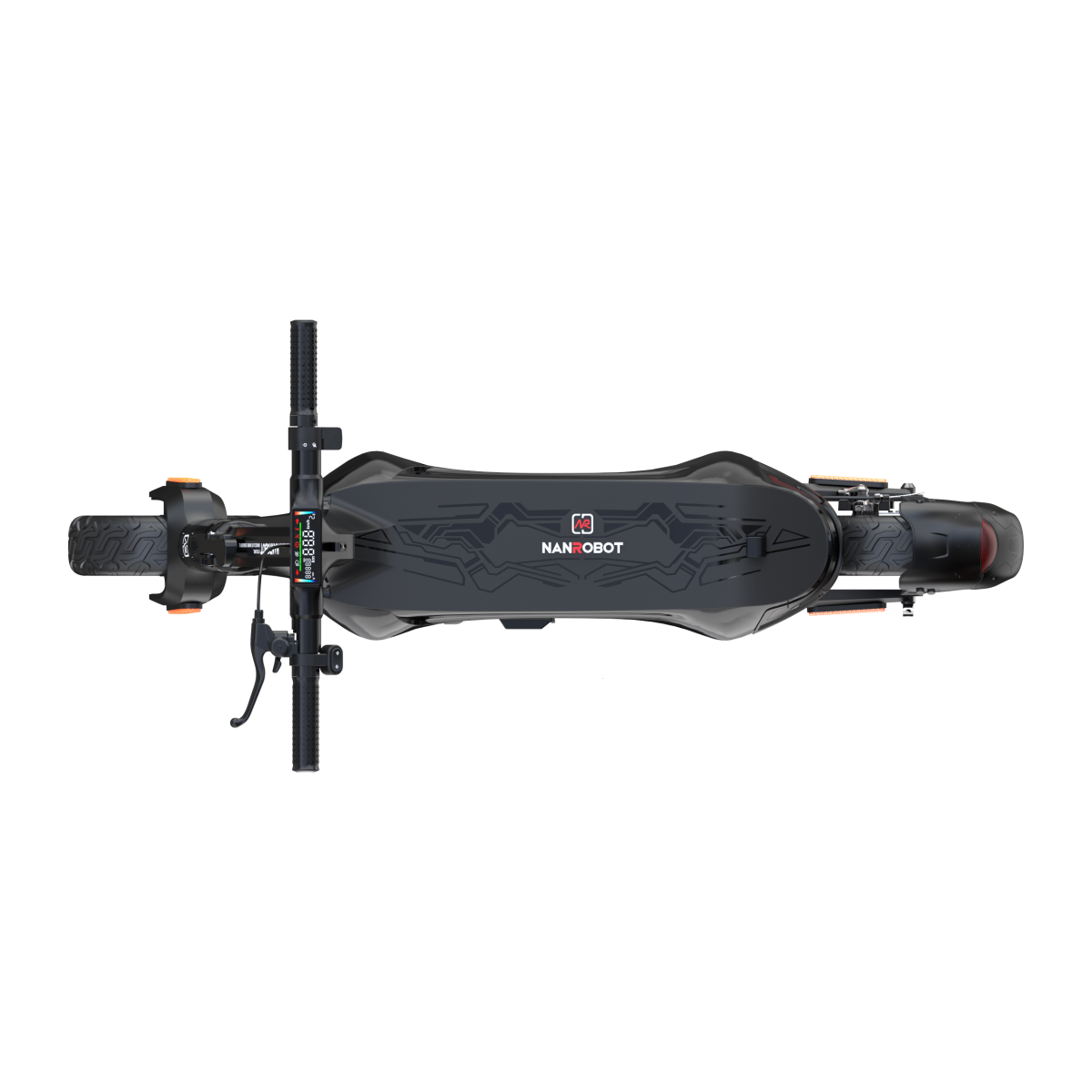 Widok z góry na czarną hulajnogę elektryczną Nanrobot. Kierownica, podest i koła widoczne na czarnym tle.