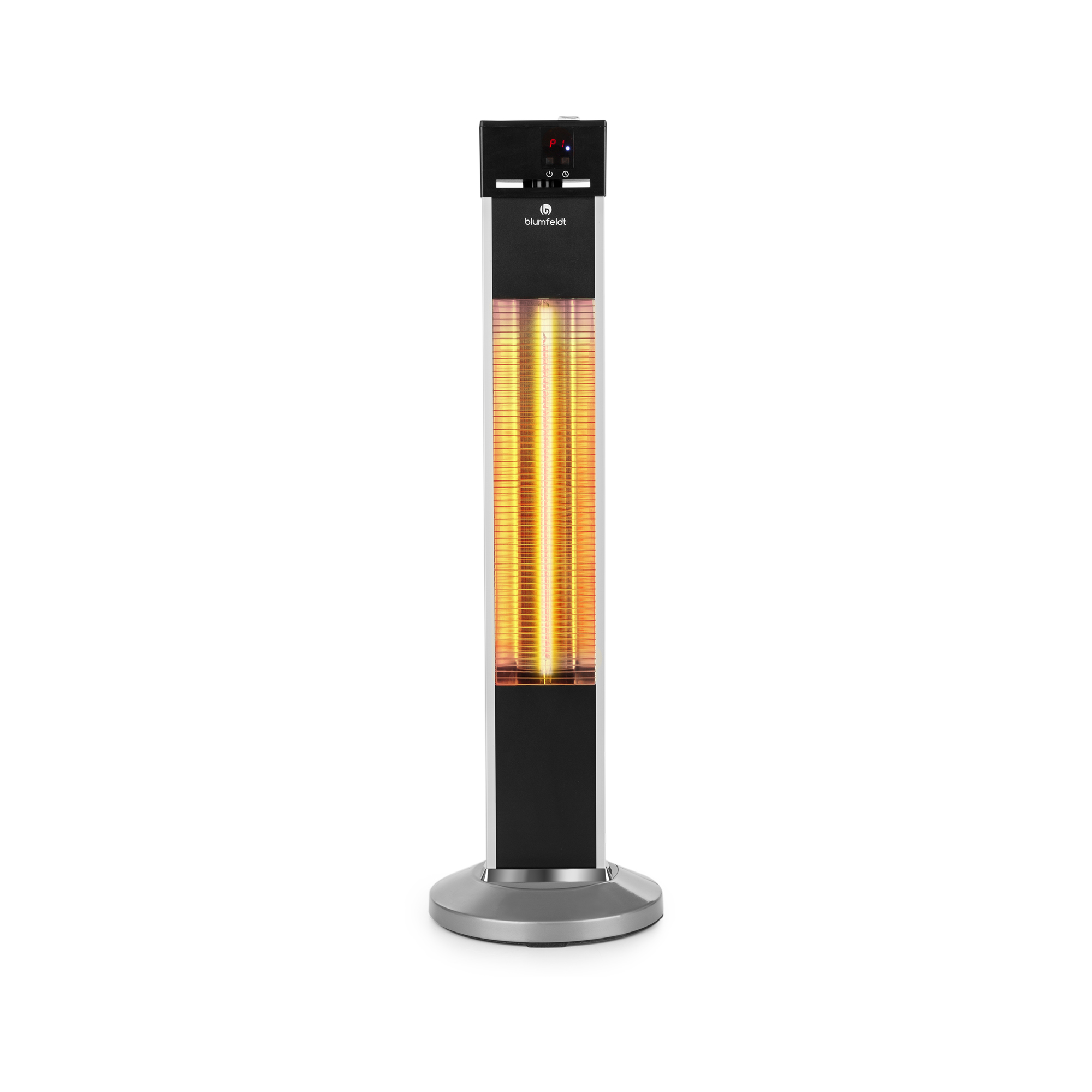 Un calefactor negro y plateado de pie con un elemento calefactor brillante naranja. La marca es visible.