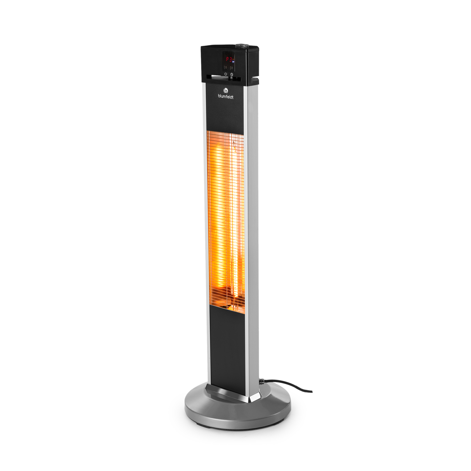 Un calefactor eléctrico negro y plateado de pie. Tiene un elemento calefactor naranja, una pantalla digital y una base redonda.
