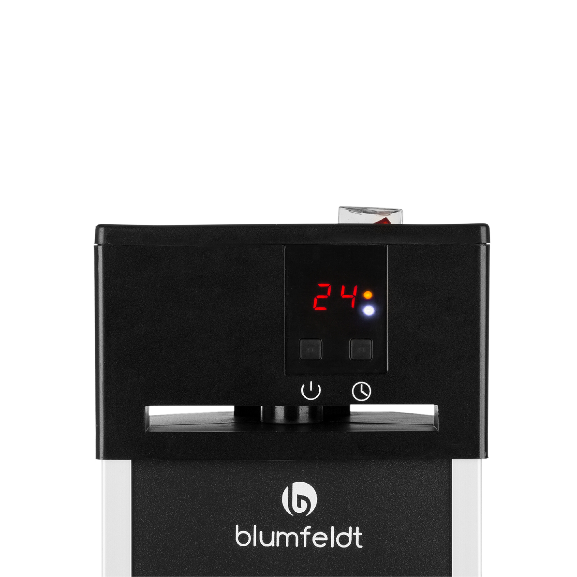 Dispositivo blumfeldt negro, pantalla digital muestra '24'. Botones de encendido y temporizador visibles. Fondo blanco.
