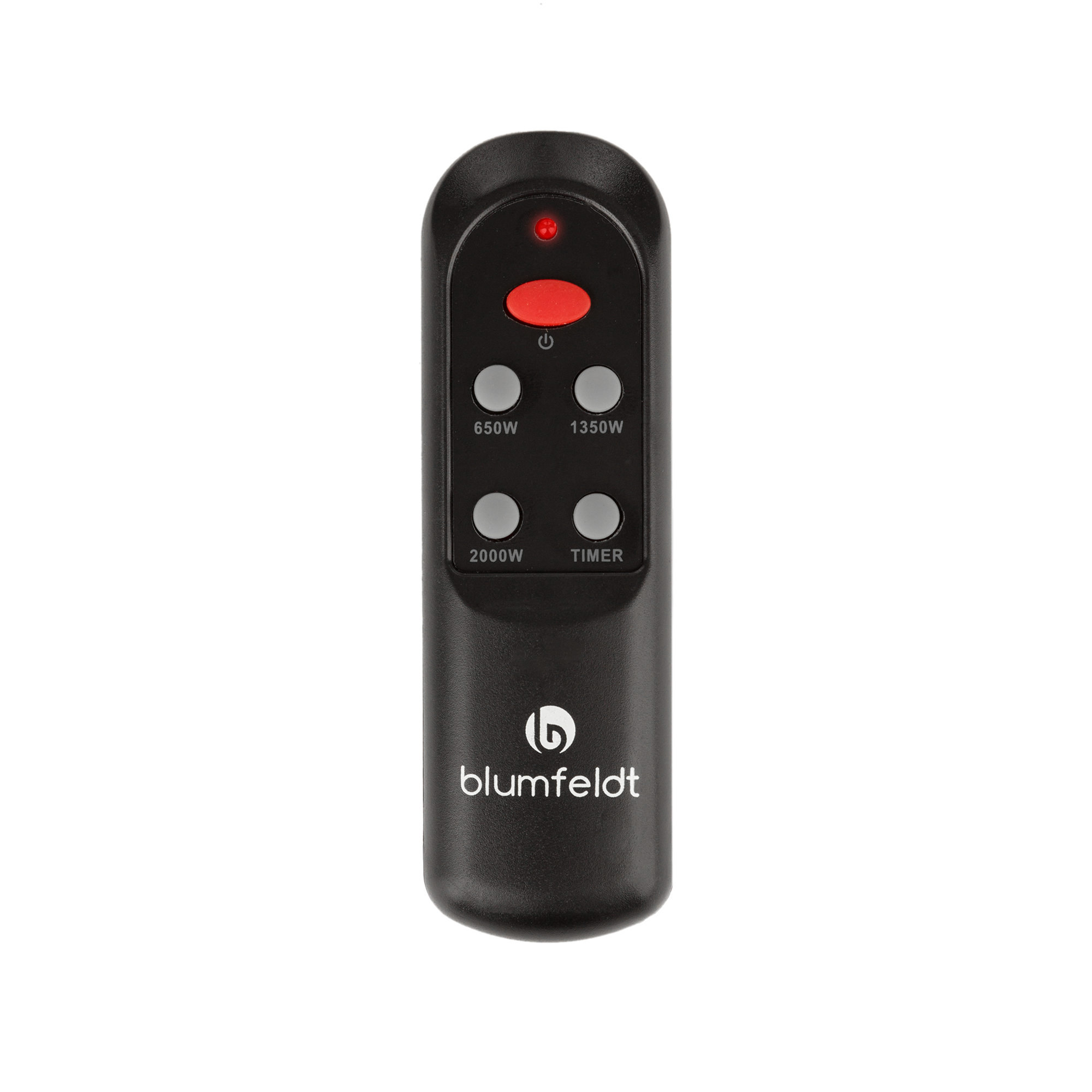 Un mando a distancia negro con botón rojo de encendido y botones grises para la configuración de energía. Con logo 'blumfeldt'.