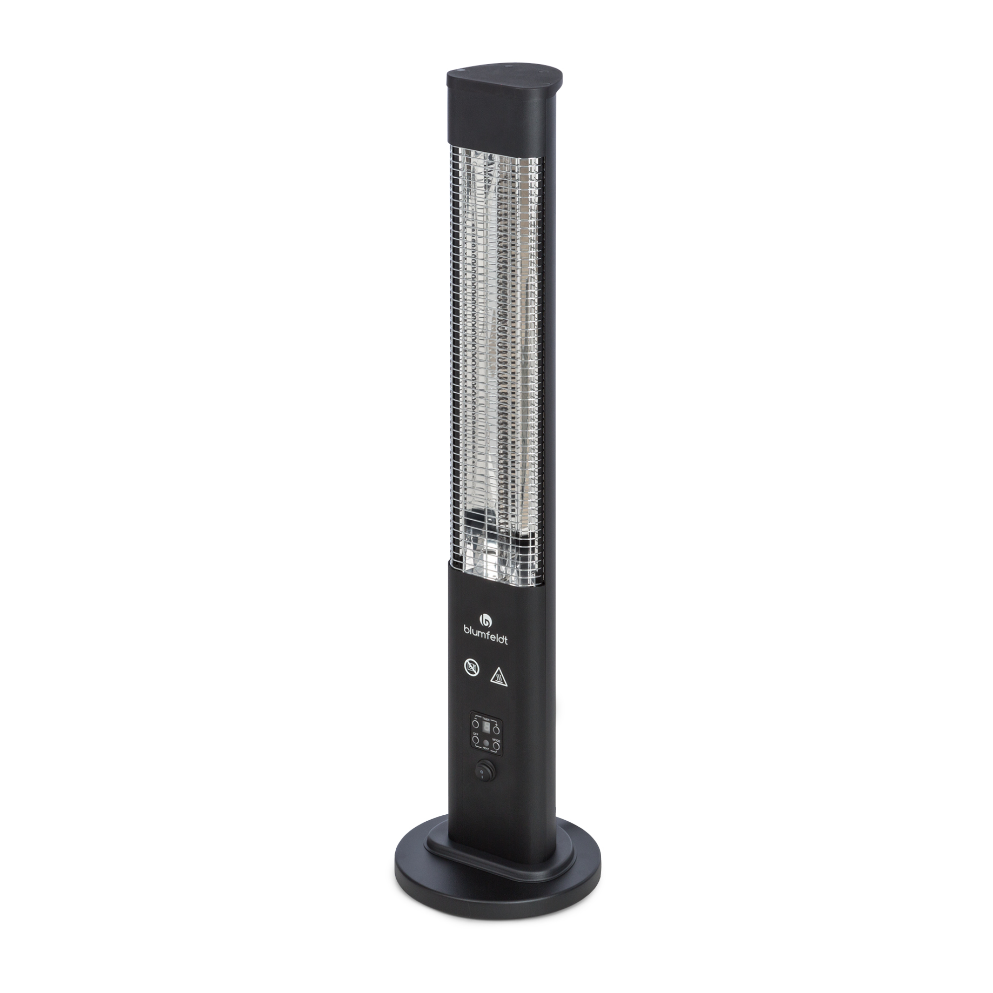 Un calefactor eléctrico negro Blumfeldt está de pie. Tiene una base redonda, un elemento calefactor alto y botones de control.