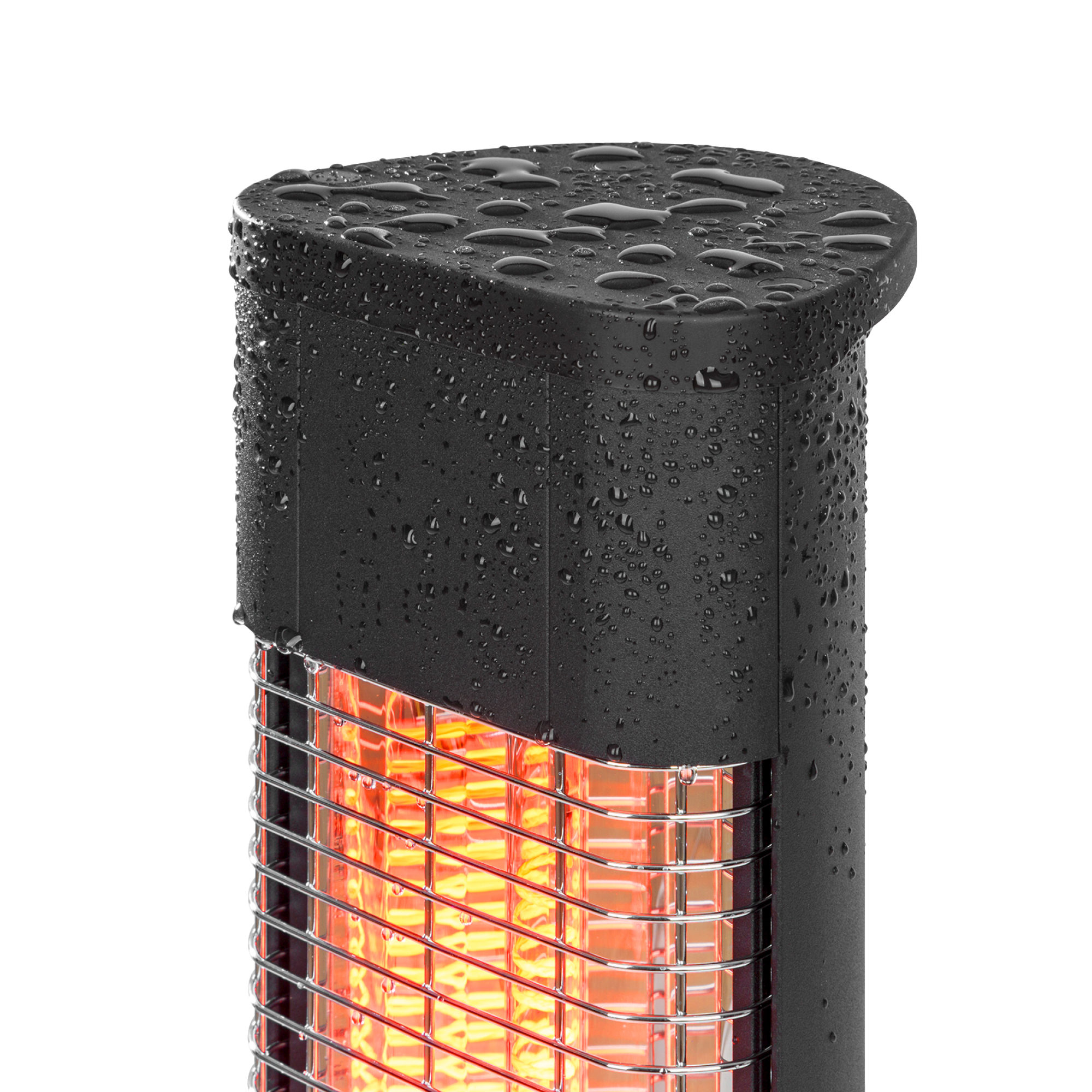 Primer plano de un calefactor exterior negro con gotas de agua. El elemento calefactor brilla en naranja.