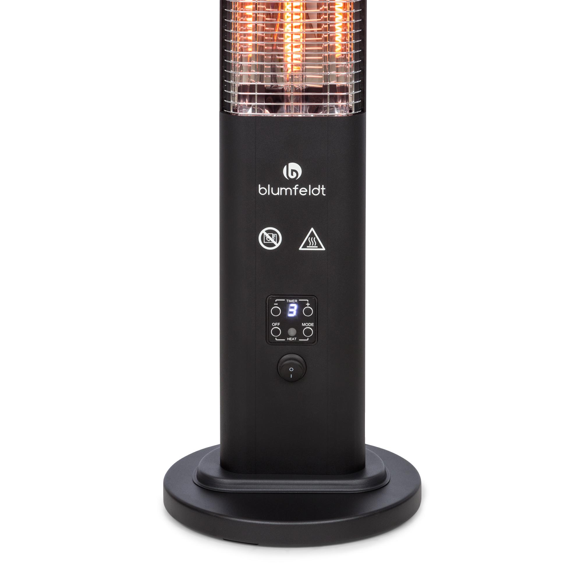 Calentador exterior negro con elemento calefactor brillante. Tiene una pantalla digital y botones de control. La base es redonda.