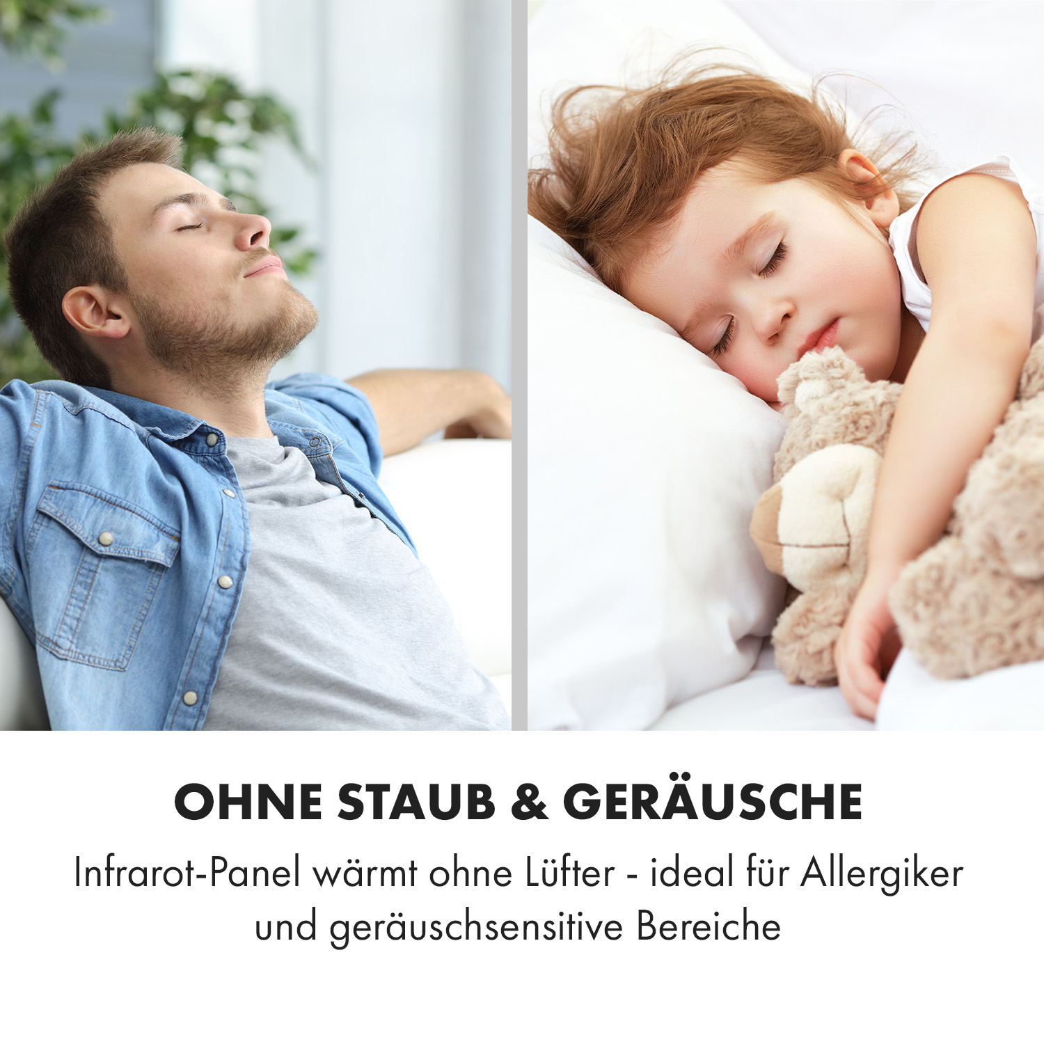 L'immagine mostra un uomo rilassato e un bambino che dorme con un orsacchiotto. Testo: Senza polvere e rumore. Ideale per allergici.