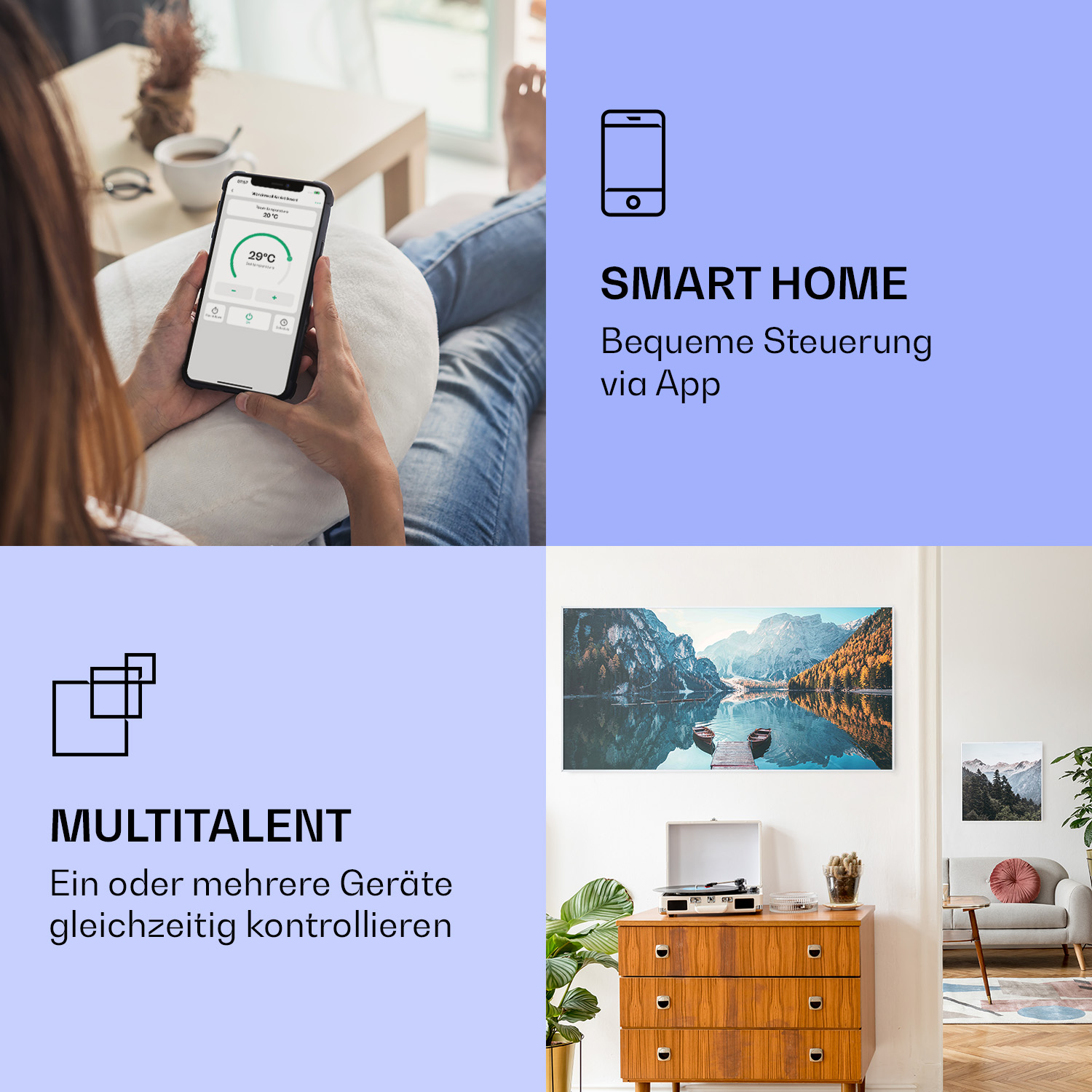 Eine Person hält ein Telefon mit Temperaturregelung. Das Bild hat Text 'SMART HOME' und 'MULTITALENT' mit zugehörigen Beschreibungen.