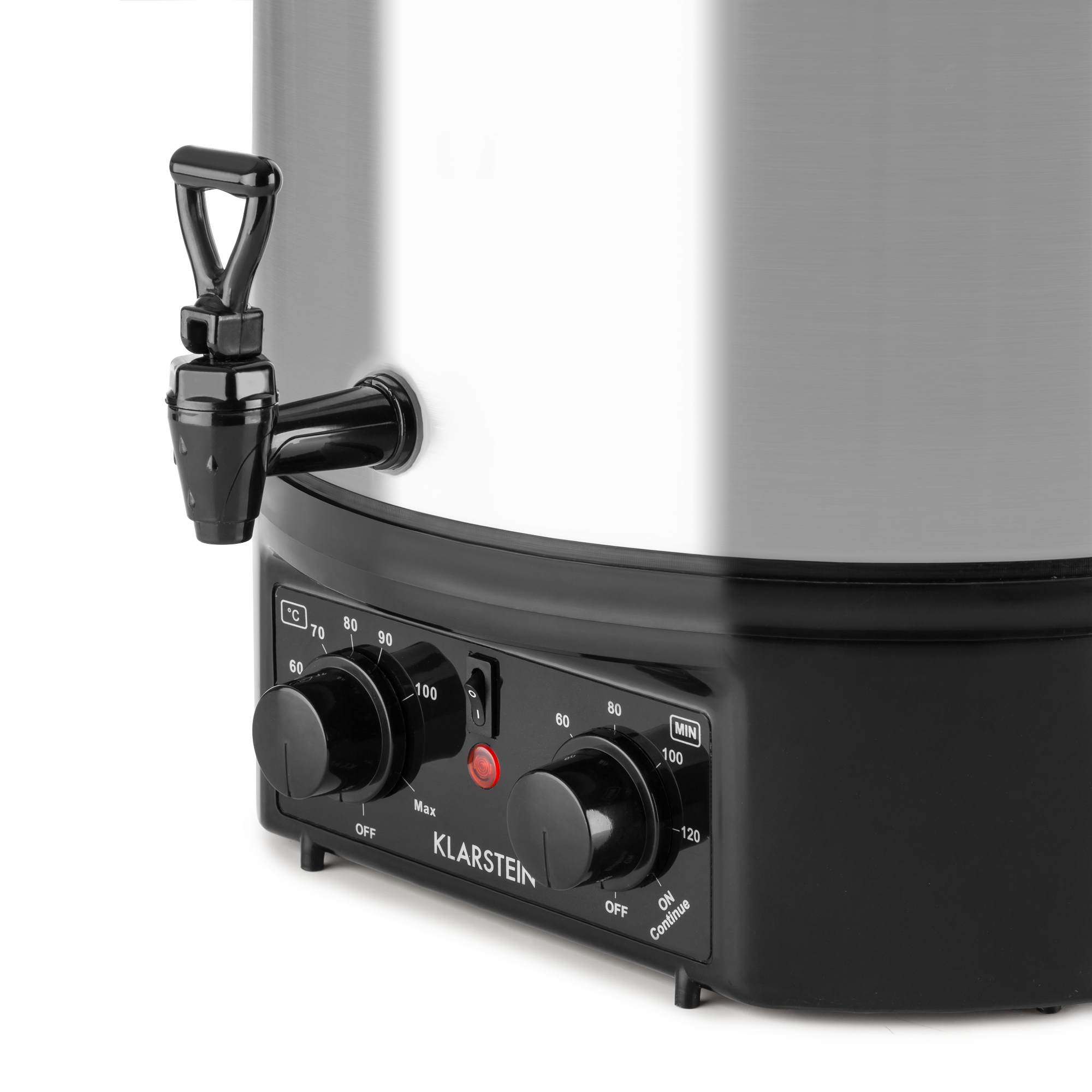 Nahaufnahme eines schwarz-silbernen elektrischen Wasserkochers mit Temperaturreglern und Ausguss. Die Marke ist Klarstein.