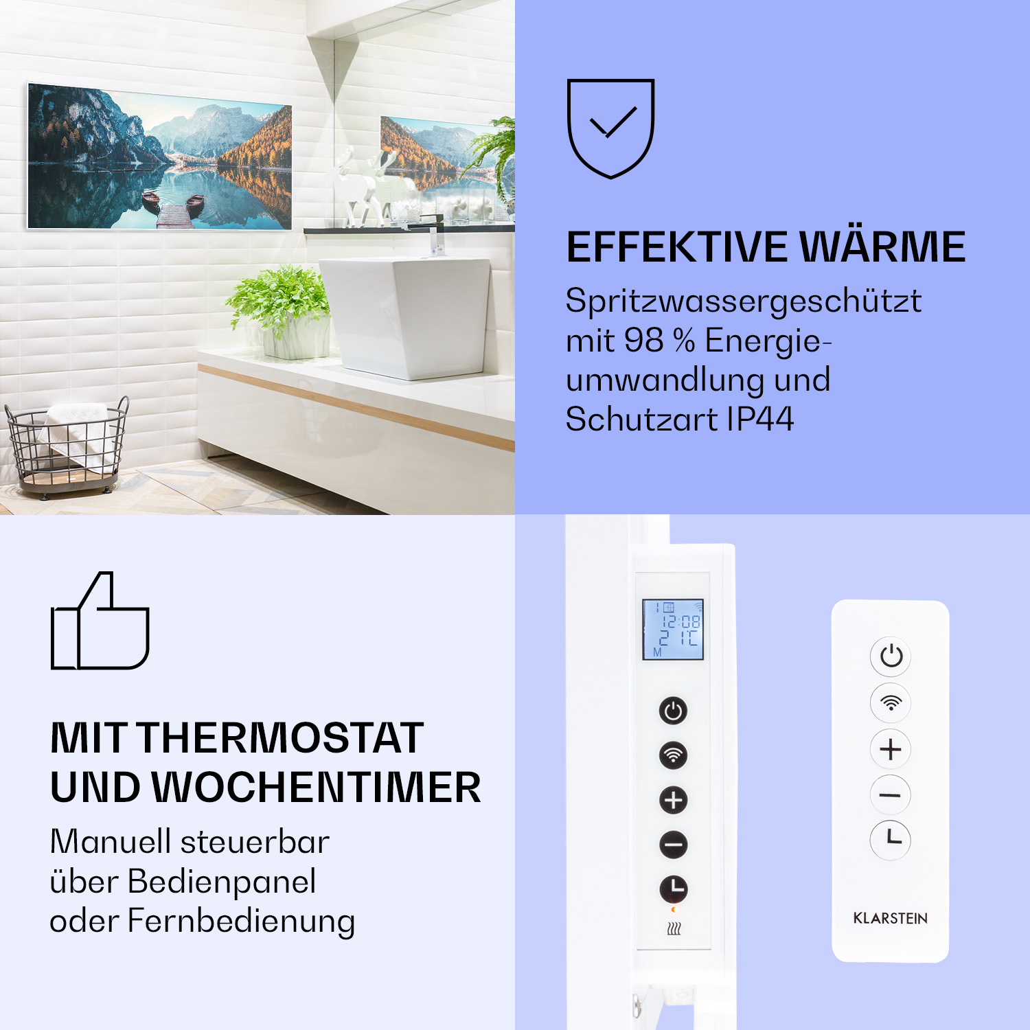 Badezimmer mit Seebild, weißem Schrank, Korb und Heizung mit Fernbedienung.