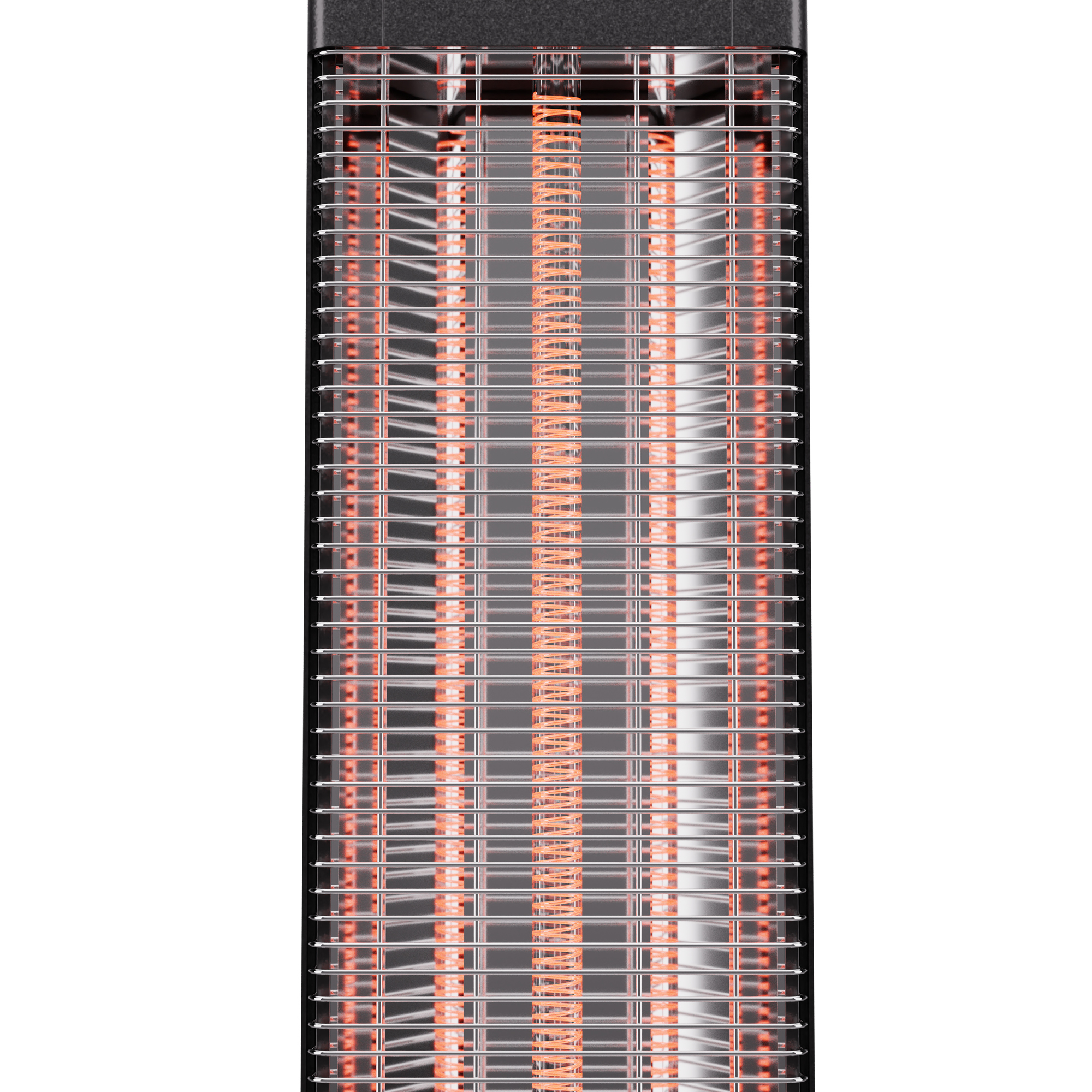 Vertikaler elektrischer Heizkörper. Silberne Metallstäbe mit orangefarbenem Heizelement in der Mitte. Schwarze Ober- und Seiten.