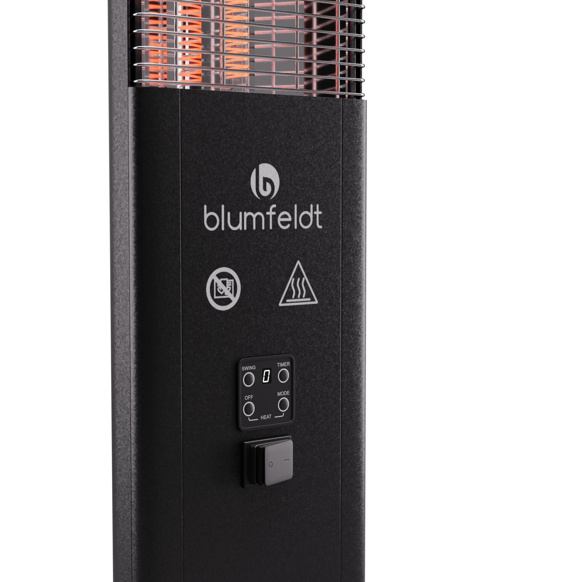 Ein schwarzer Blumfeldt-Heizstrahler. Er hat Knöpfe für Schwenken, Timer und Heizung. Das Heizelement ist oben sichtbar.