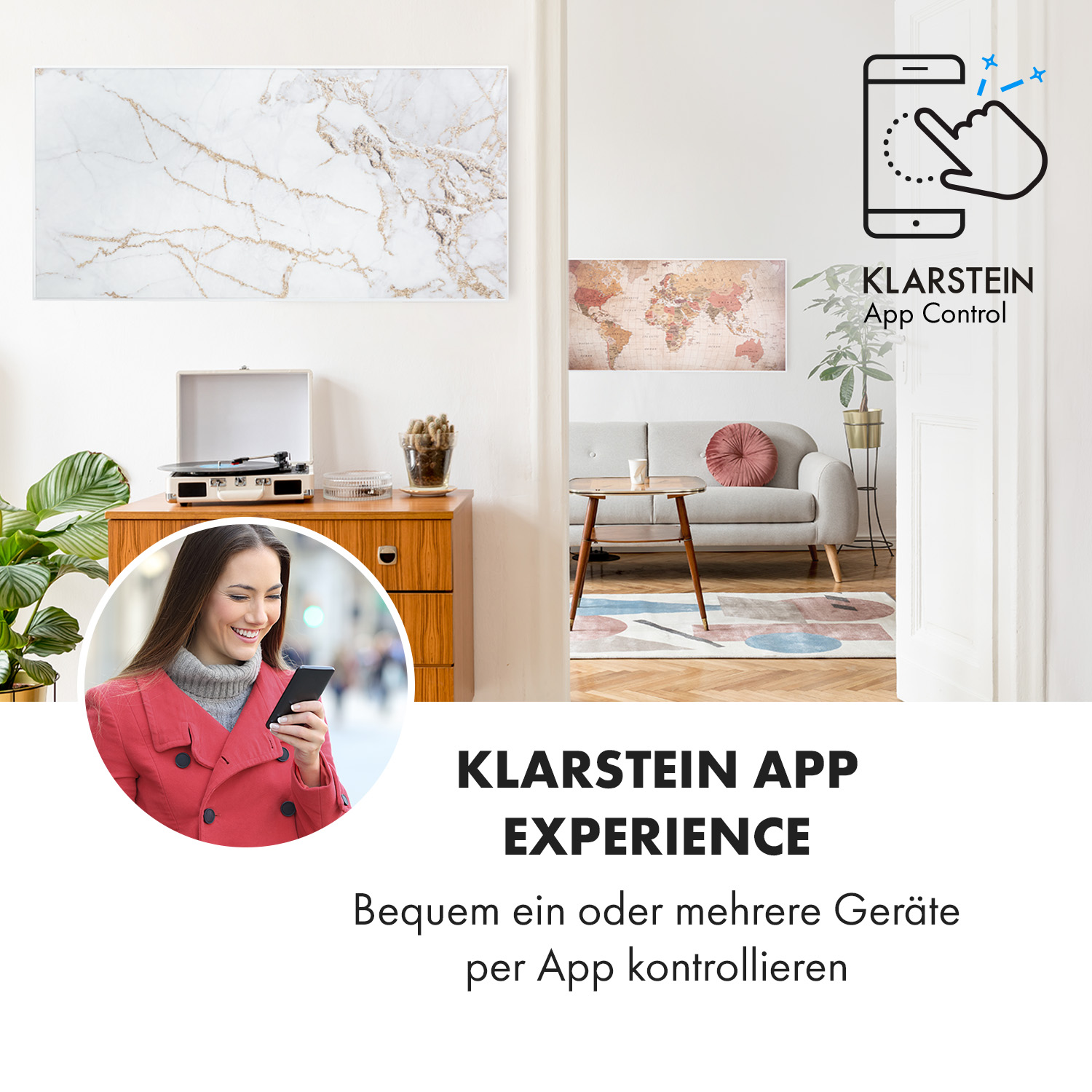 Frau in rotem Mantel nutzt Telefon. Raum mit Kunst, Plattenspieler, Sofa und App-Control-Logo. Text: Klarstein App Experience.