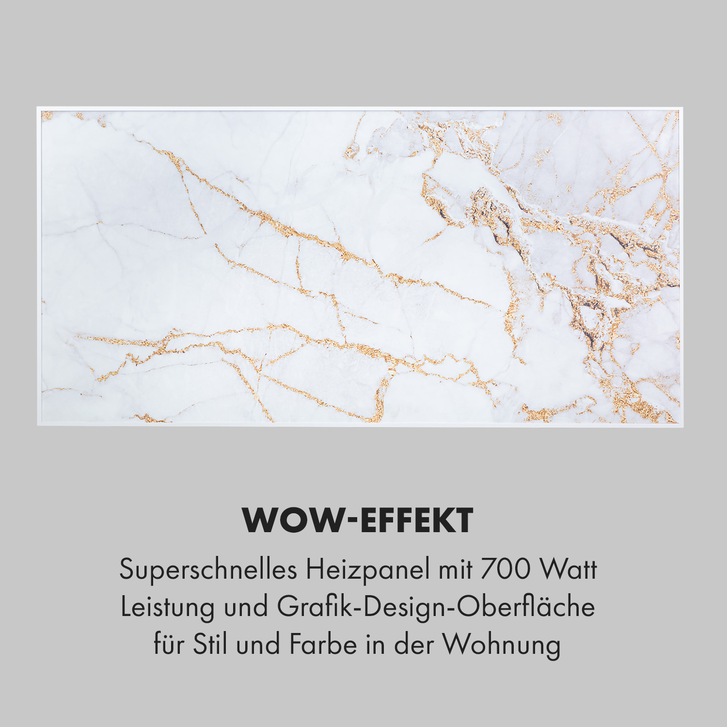 Ein weißes Marmorpanel mit goldenen Adern, weiß gerahmt, darunter Text, der ein 700-W-Heizpaneel bewirbt.