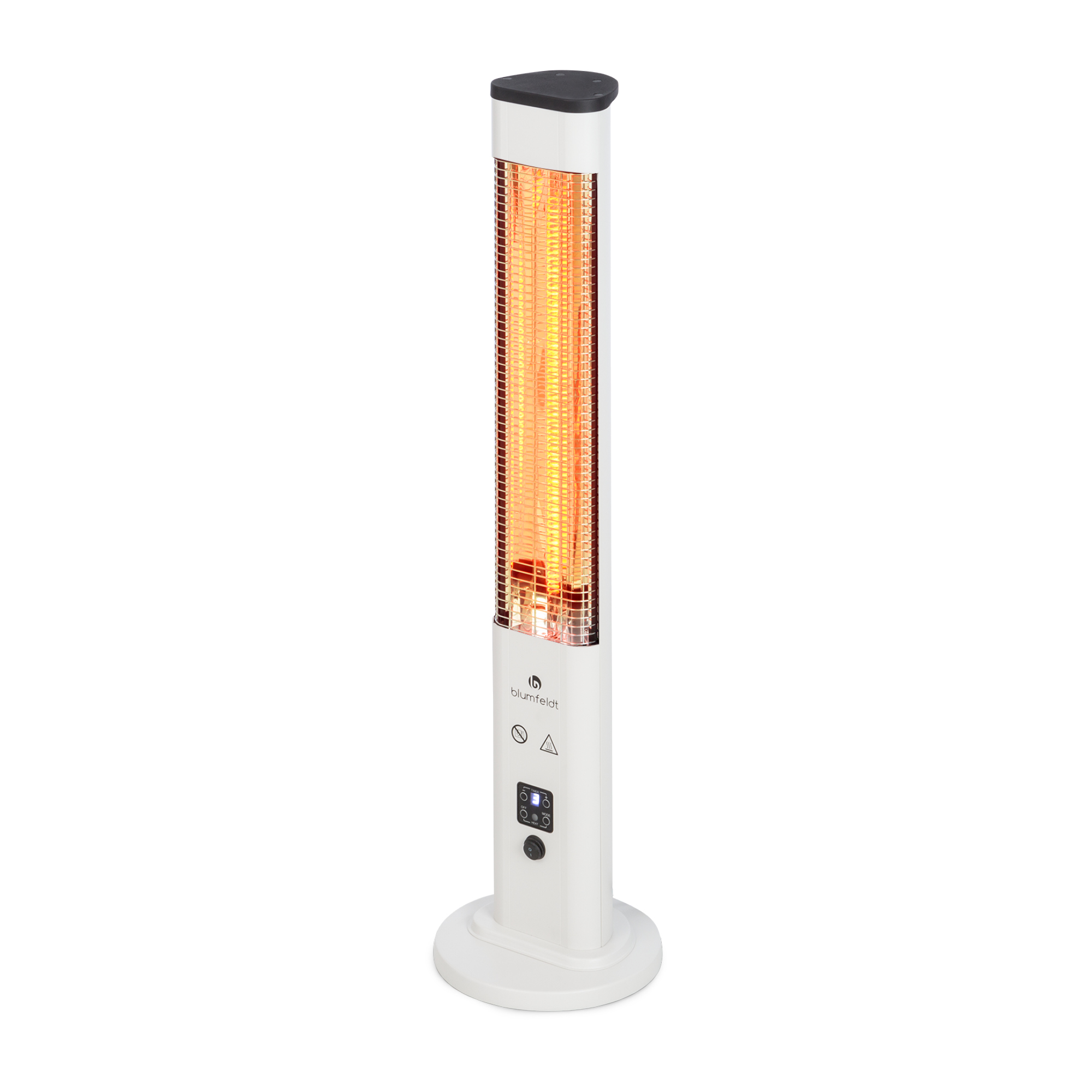 Weißer Elektroheizer mit schwarzem Deckel. Es hat ein leuchtendes orangefarbenes Heizelement. Die Basis ist rund.
