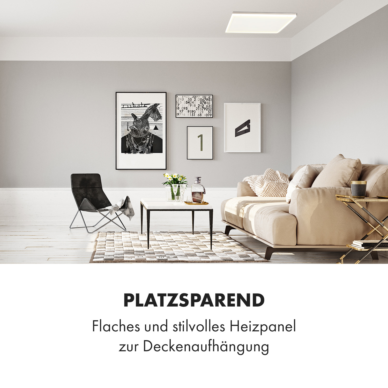 Soggiorno moderno con divano beige, arte e tavolino. Sedia nera e tappeto in primo piano. Illuminazione a soffitto.