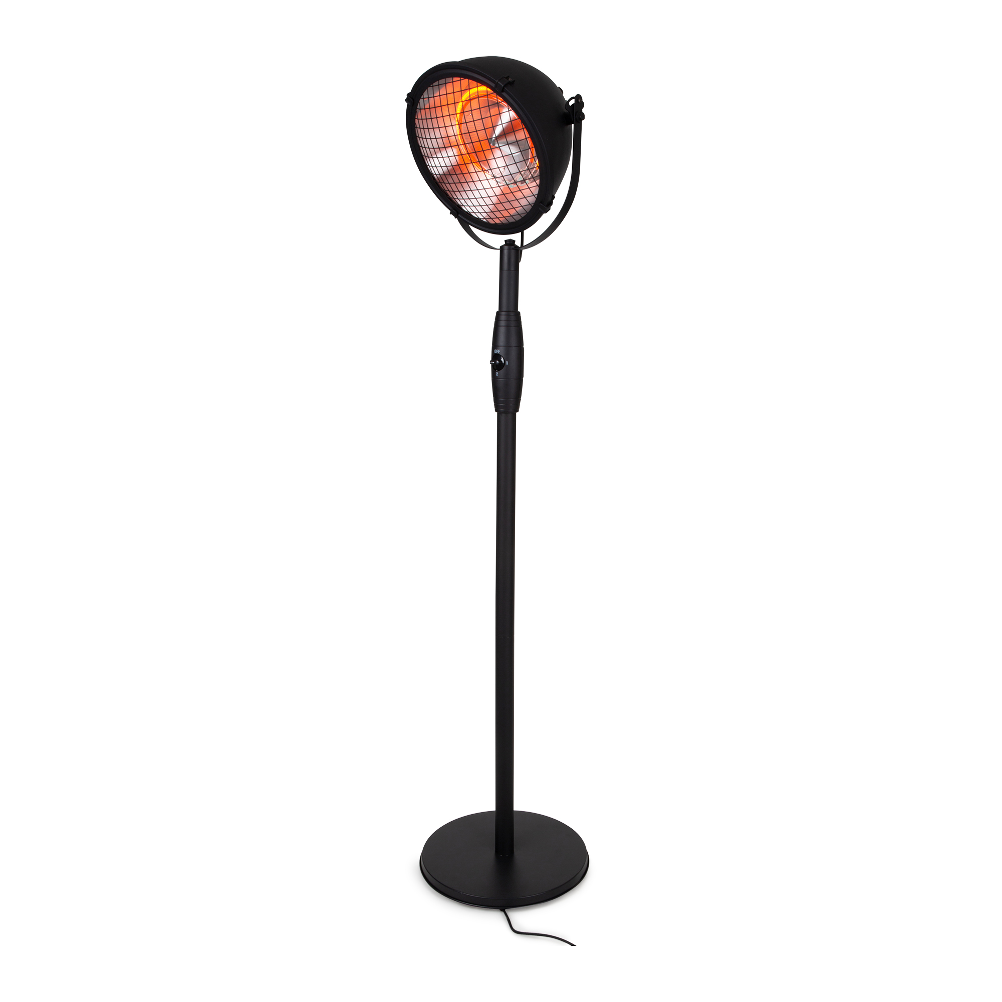 Eine schwarze Infrarot-Heizlampe steht auf weißem Untergrund. Die Lampe hat einen runden Kopf mit Schutzgitter.