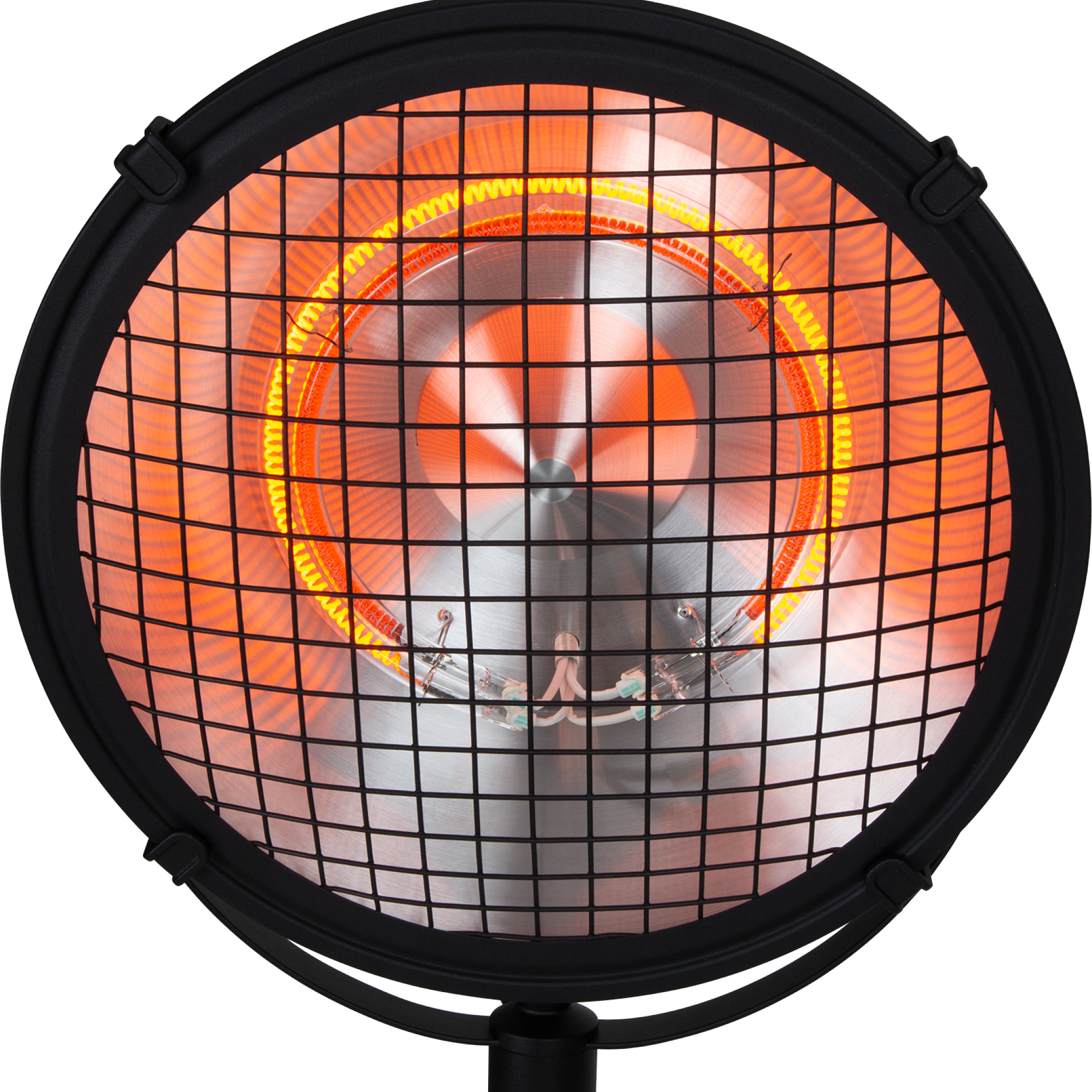 Nahaufnahme eines schwarzen Elektroheizgeräts. Es hat ein schützendes Metallgitter vor dem orangefarbenen Heizelement.