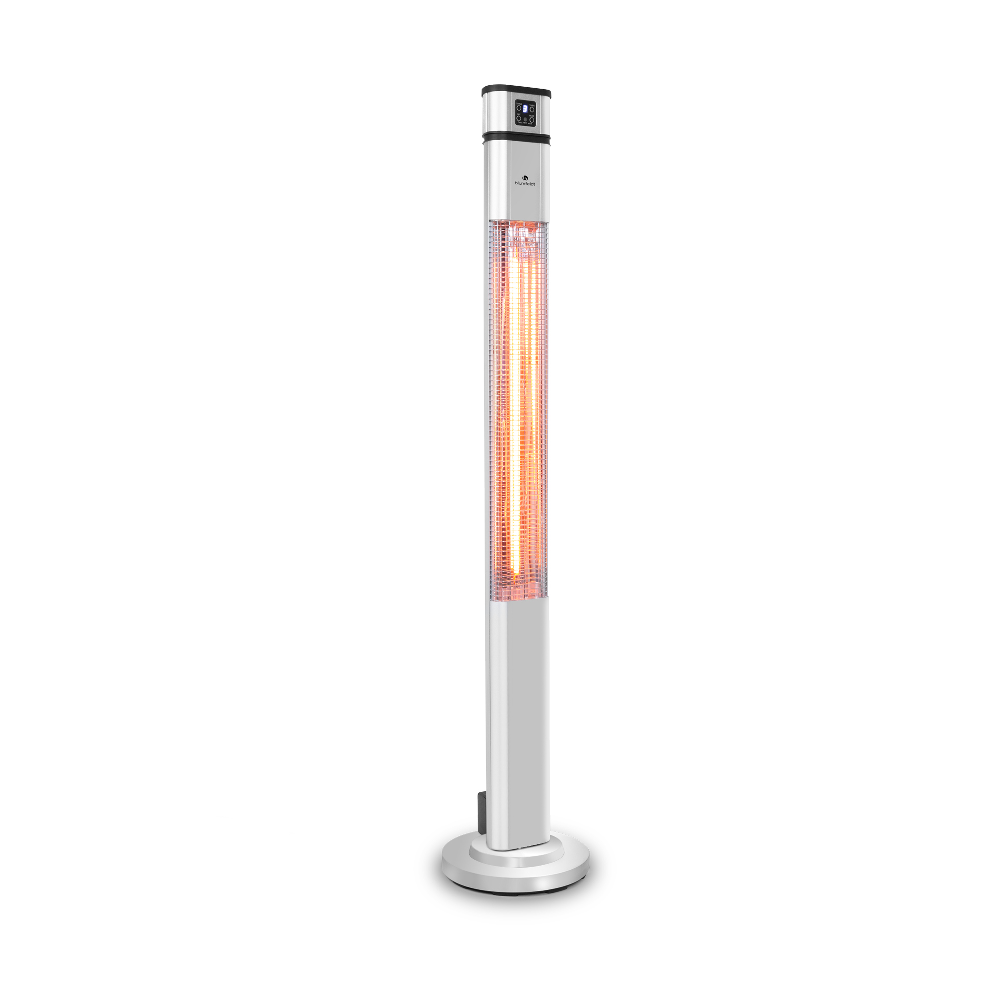 Ein weißer und silberner Heizstrahler für den Außenbereich. Er hat ein hohes, schlankes Design mit einem orangefarbenen Heizelement.