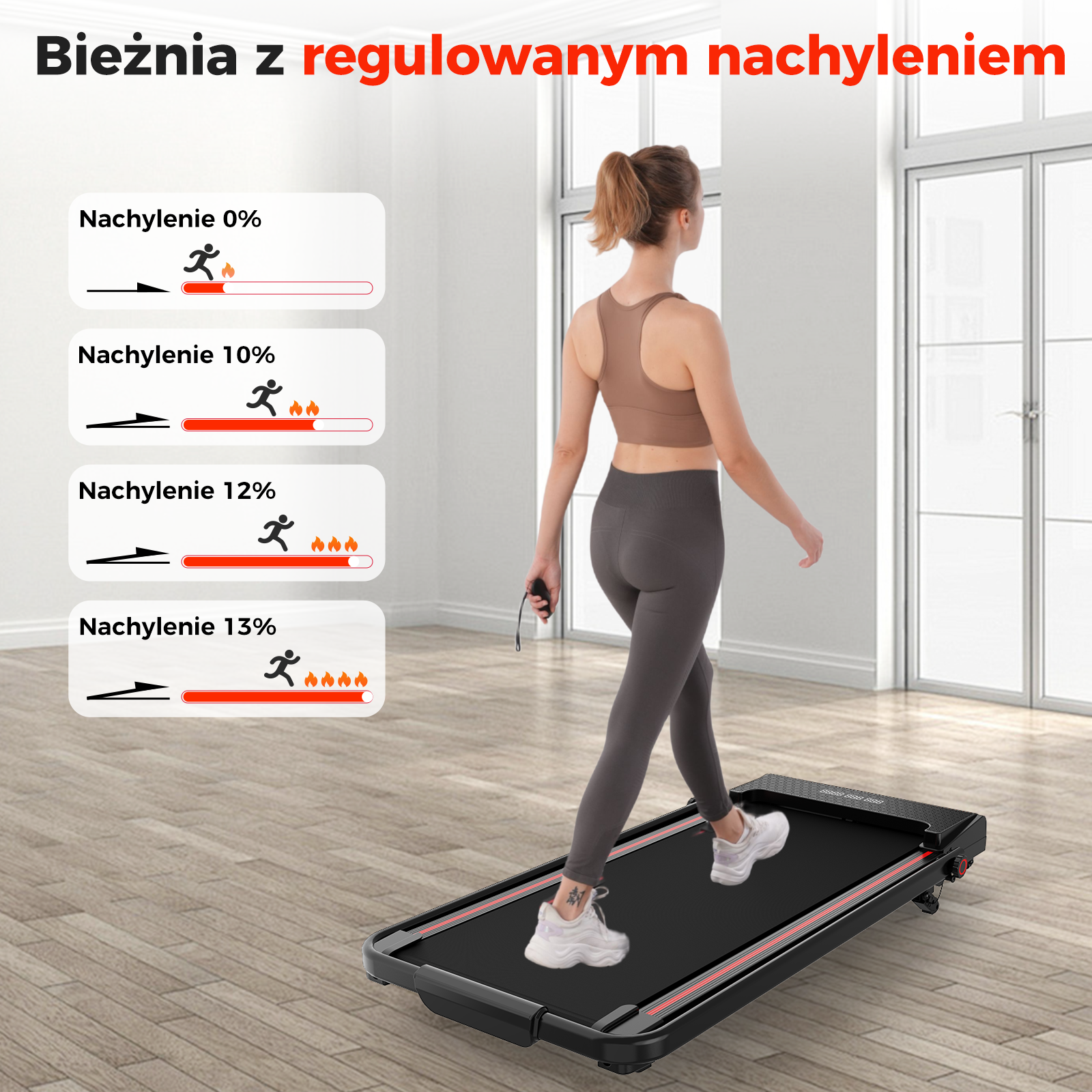 Kobieta chodzi po bieżni. Wyświetlacz pokazuje poziomy nachylenia. Tekst: bieżnia z regulowanym nachyleniem.