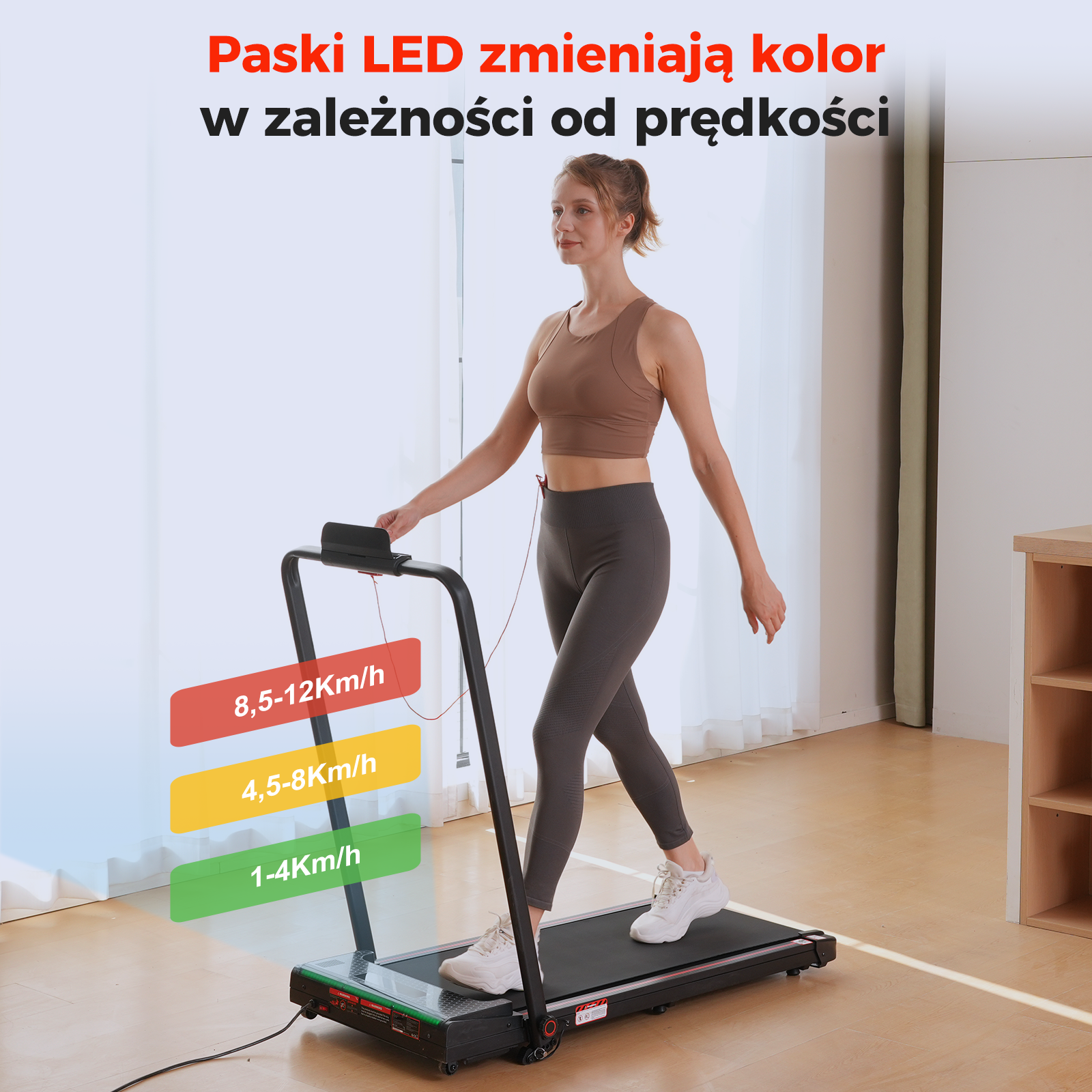 Kobieta na bieżni. Tekst wskazuje poziomy prędkości z różnymi kolorami LED.
