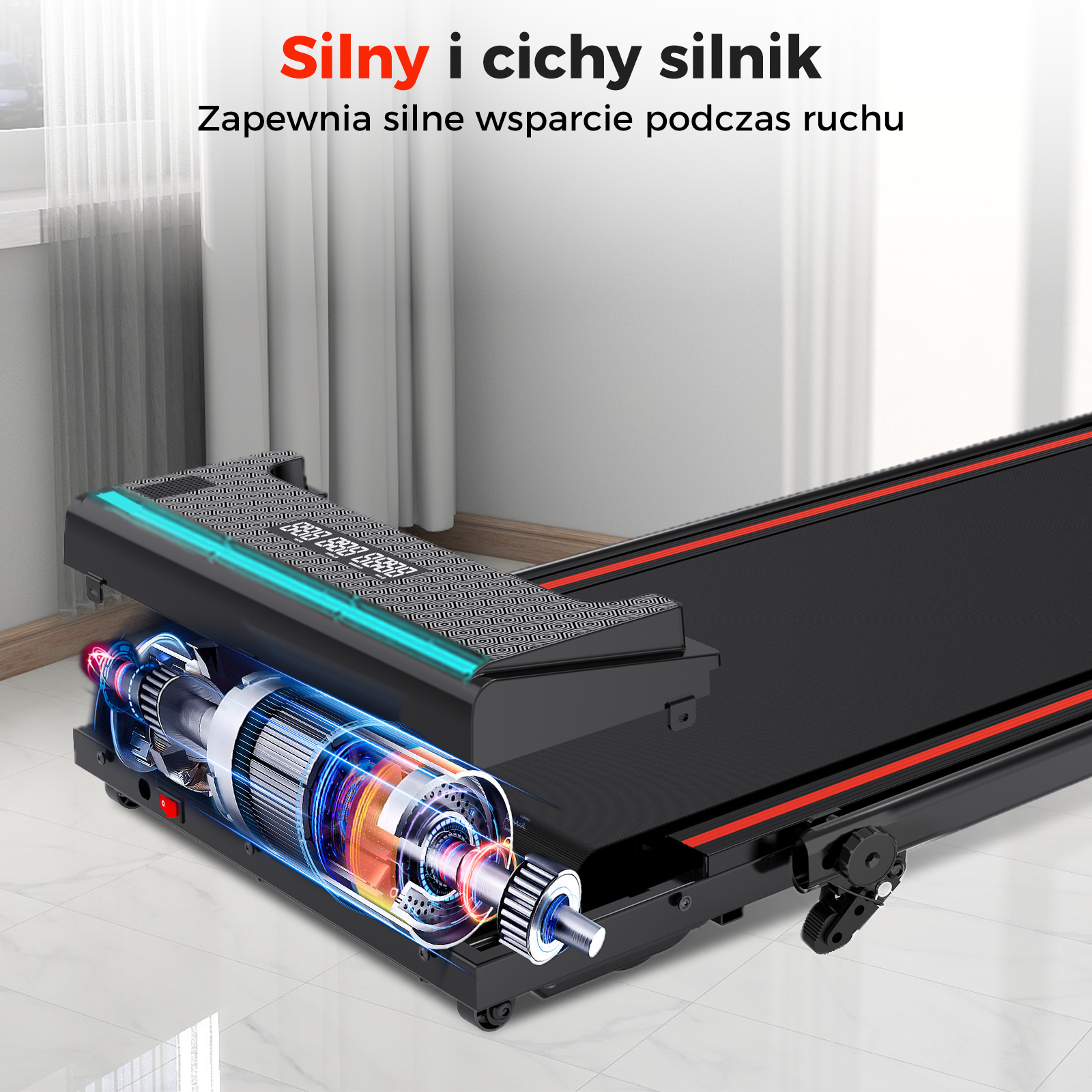 Bieżnia z odsłoniętym silnikiem. Czarna z czerwonymi akcentami. Wyświetlacz pokazuje liczby. Tekst na górze brzmi 'Mocny i cichy silnik'.