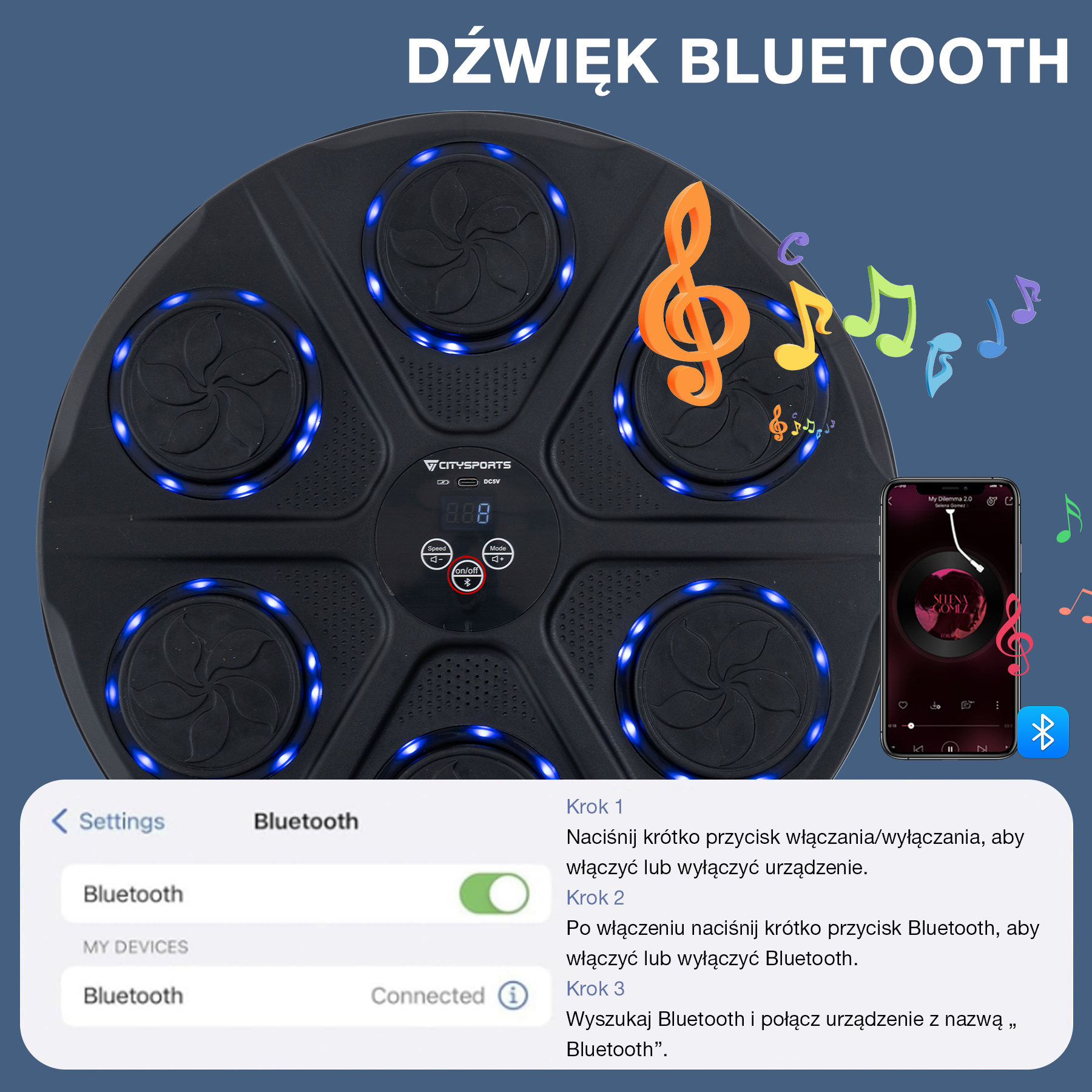 Czarne okrągłe urządzenie z niebieskimi światłami, nutami muzycznymi i telefonem z muzyką. Instrukcje połączenia Bluetooth.