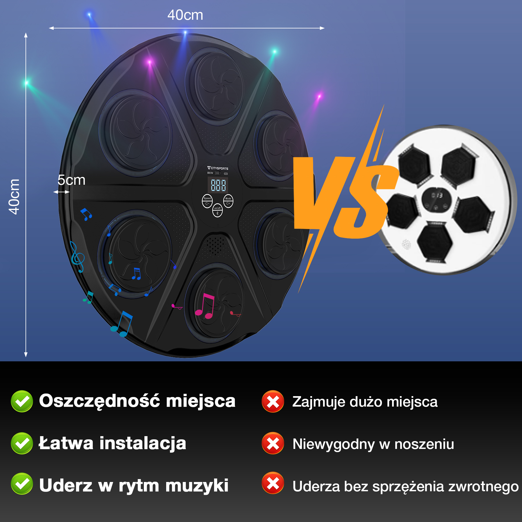 Czarny okrągły pad perkusyjny ze światłami, pad w kształcie piłki nożnej i porównania tekstowe na niebieskim tle.