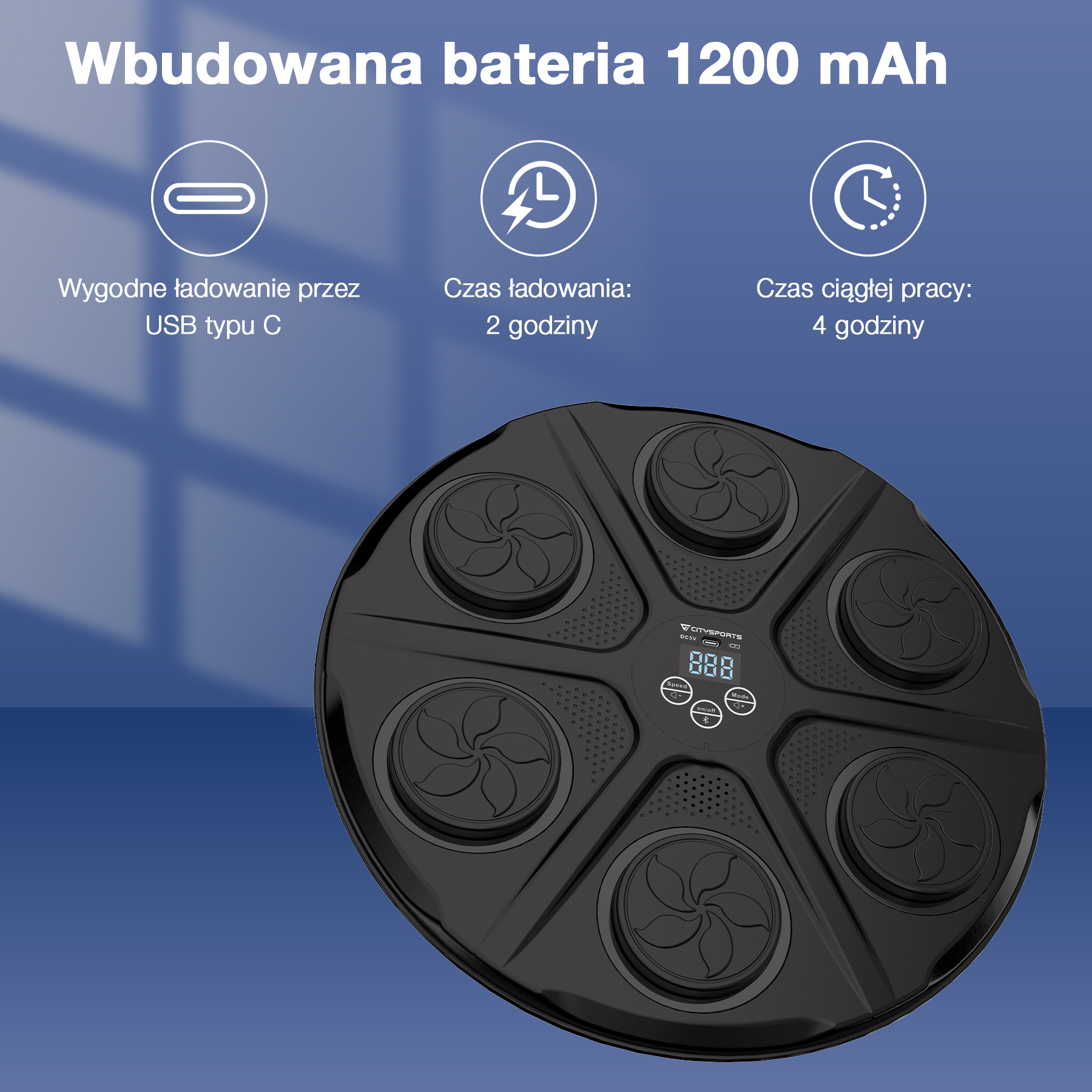 Czarne urządzenie z sześcioma wzorami w kształcie wachlarza, cyfrowym wyświetlaczem i tekstem po polsku o ładowaniu i użytkowaniu.