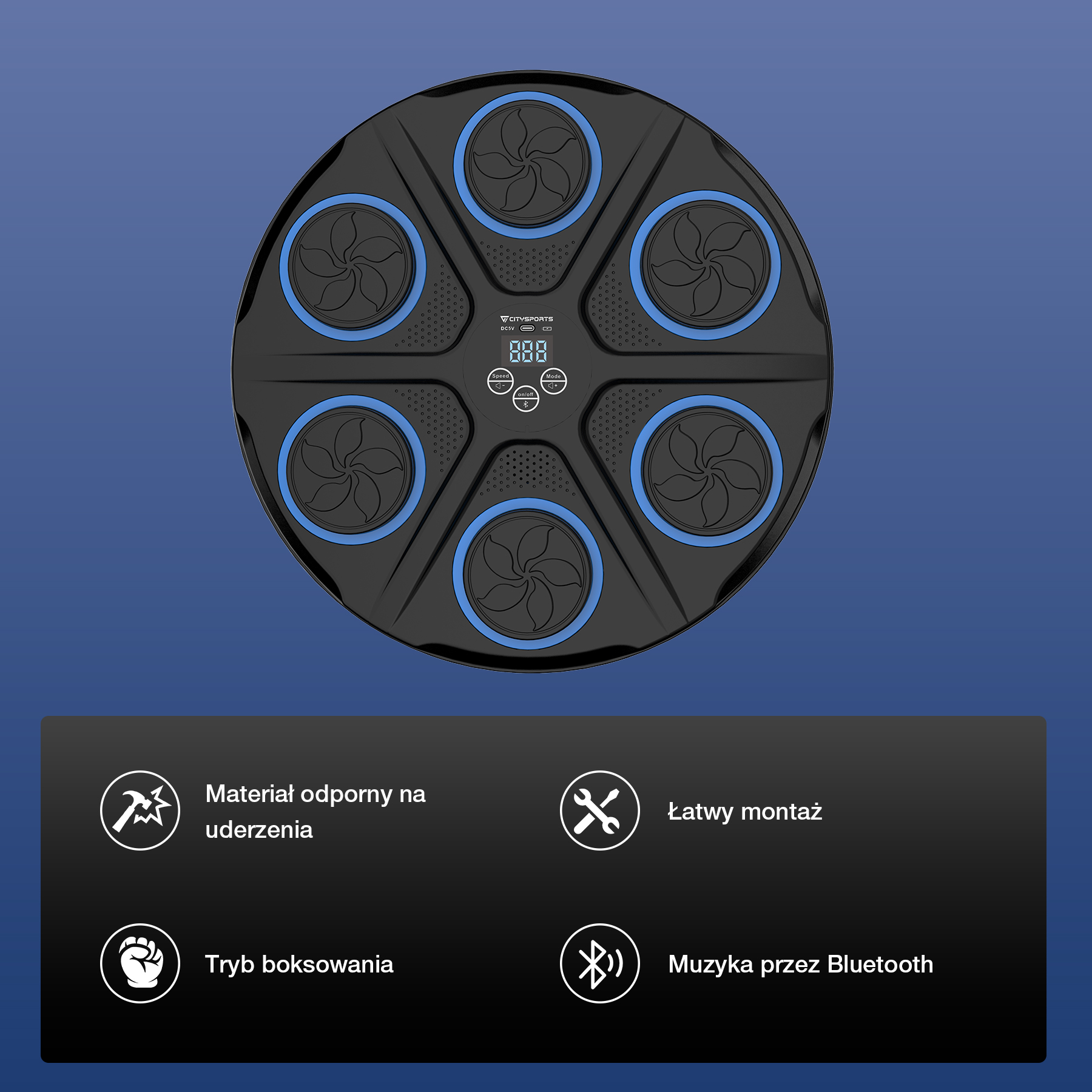 Czarno-niebieski sprzęt do treningu bokserskiego z wyświetlaczem cyfrowym i ikonami na niebieskim tle.