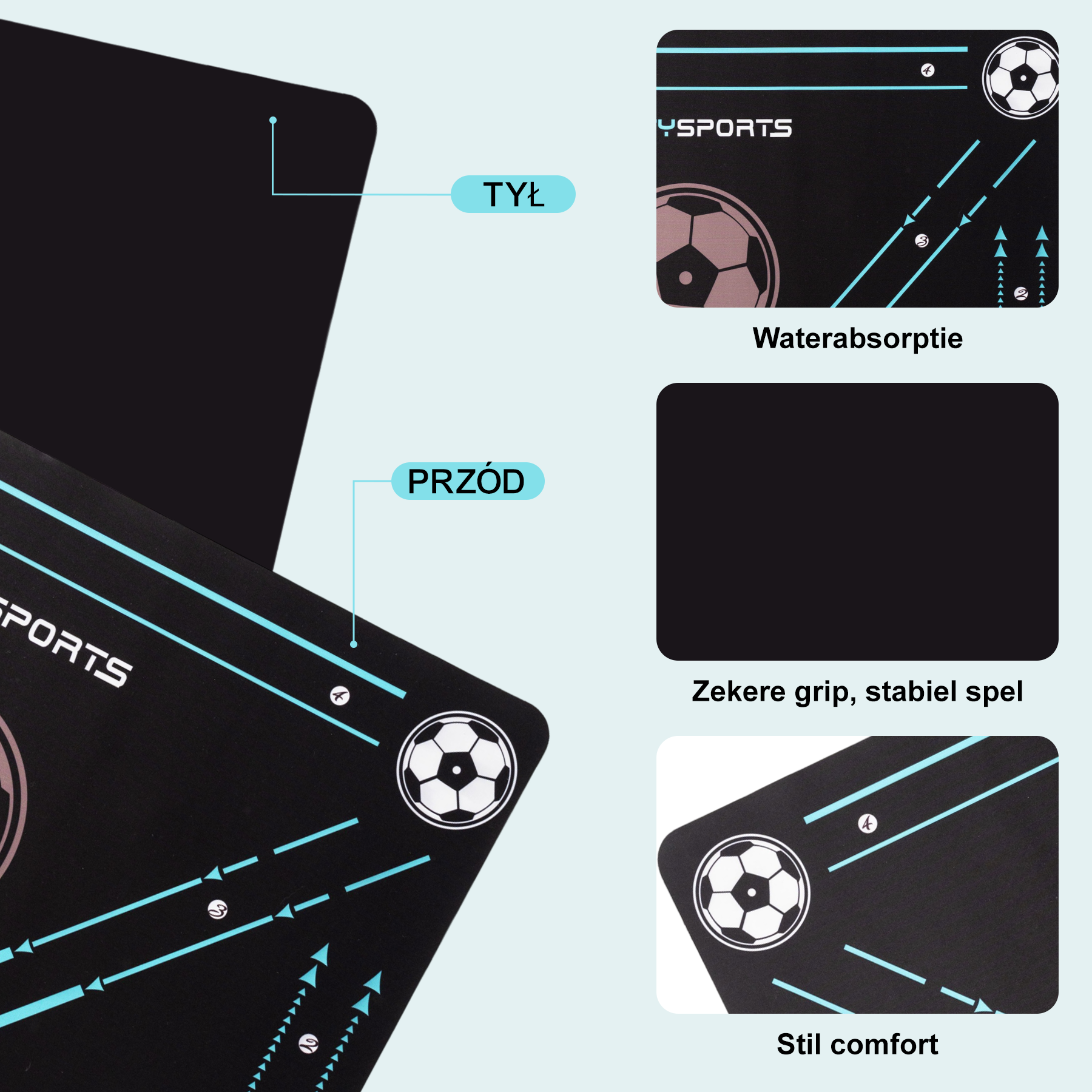 Czarna mata z grafiką piłki nożnej i strzałkami. Etykiety w języku polskim i holenderskim. Sekcje opisują funkcje.