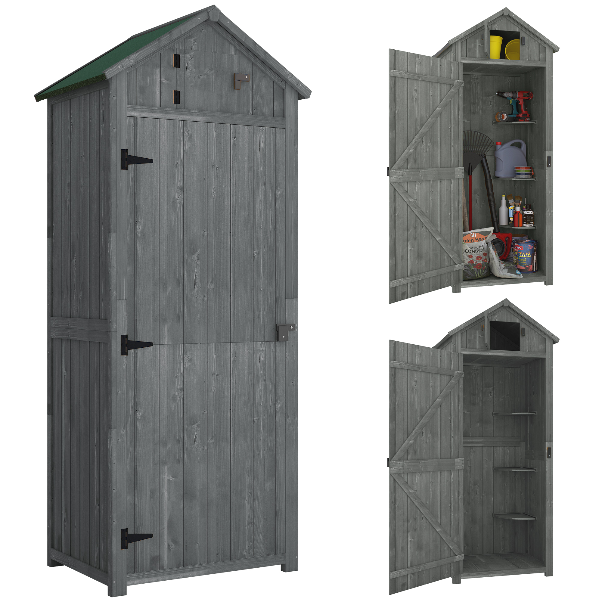 Un capannone da giardino in legno grigio con ante aperte, che rivela ripiani con attrezzi e forniture per il giardinaggio.