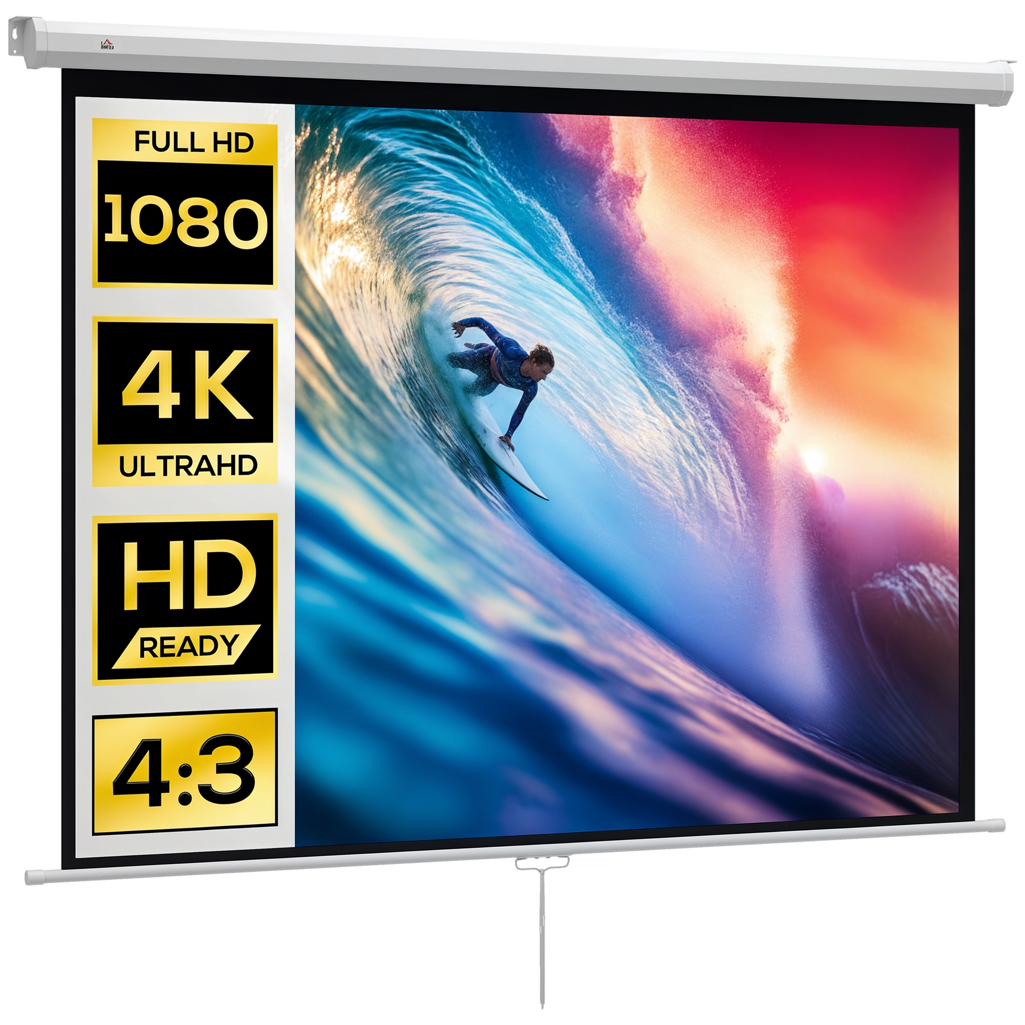 Uno schermo di proiezione mostra un surfista su un'onda. Le etichette indicano le opzioni di formato 1080, 4K e 4:3.