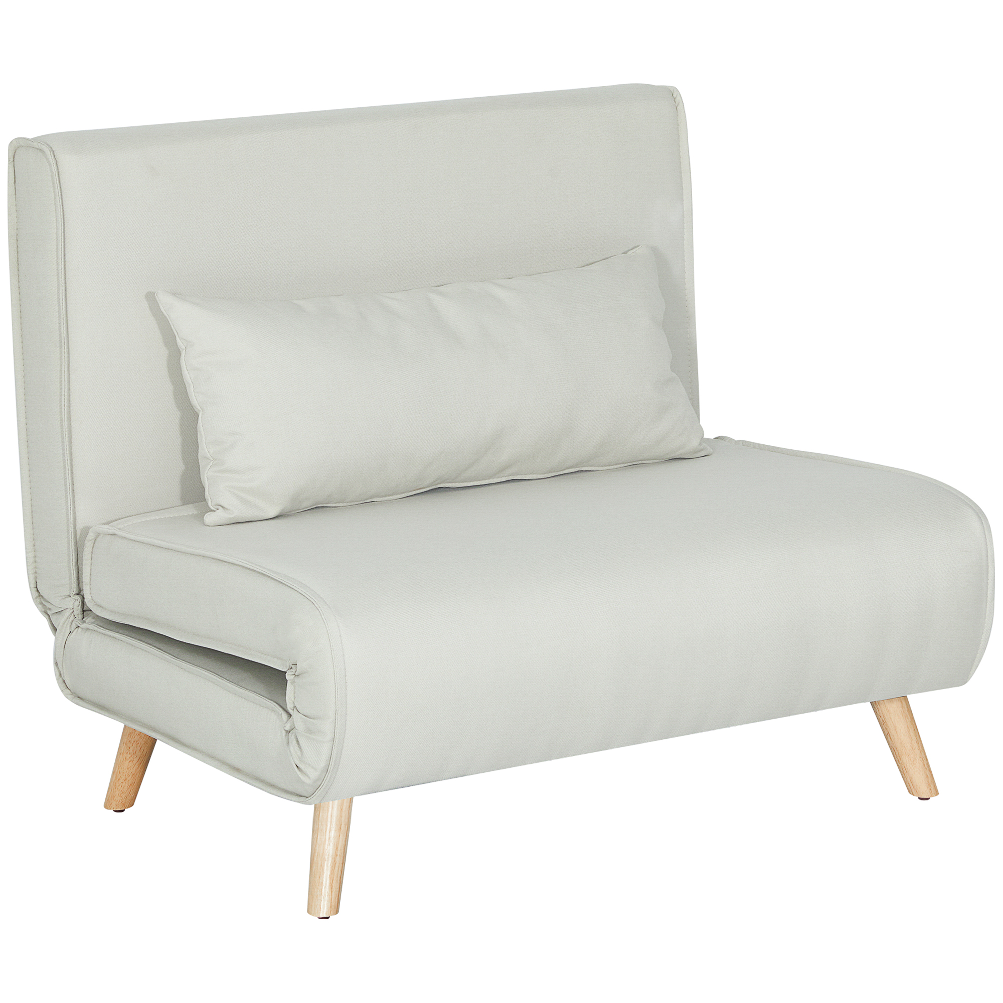 Una poltrona grigio chiaro con un cuscino. Ha gambe in legno e sfondo bianco.