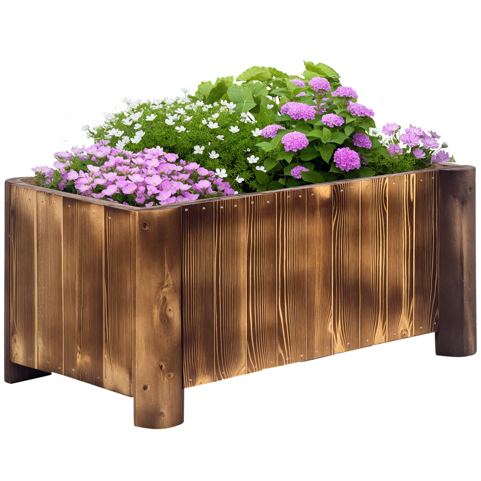 Una fioriera in legno con fiori rosa e bianchi. La scatola poggia su gambe corte e ha una finitura in legno bruciato.
