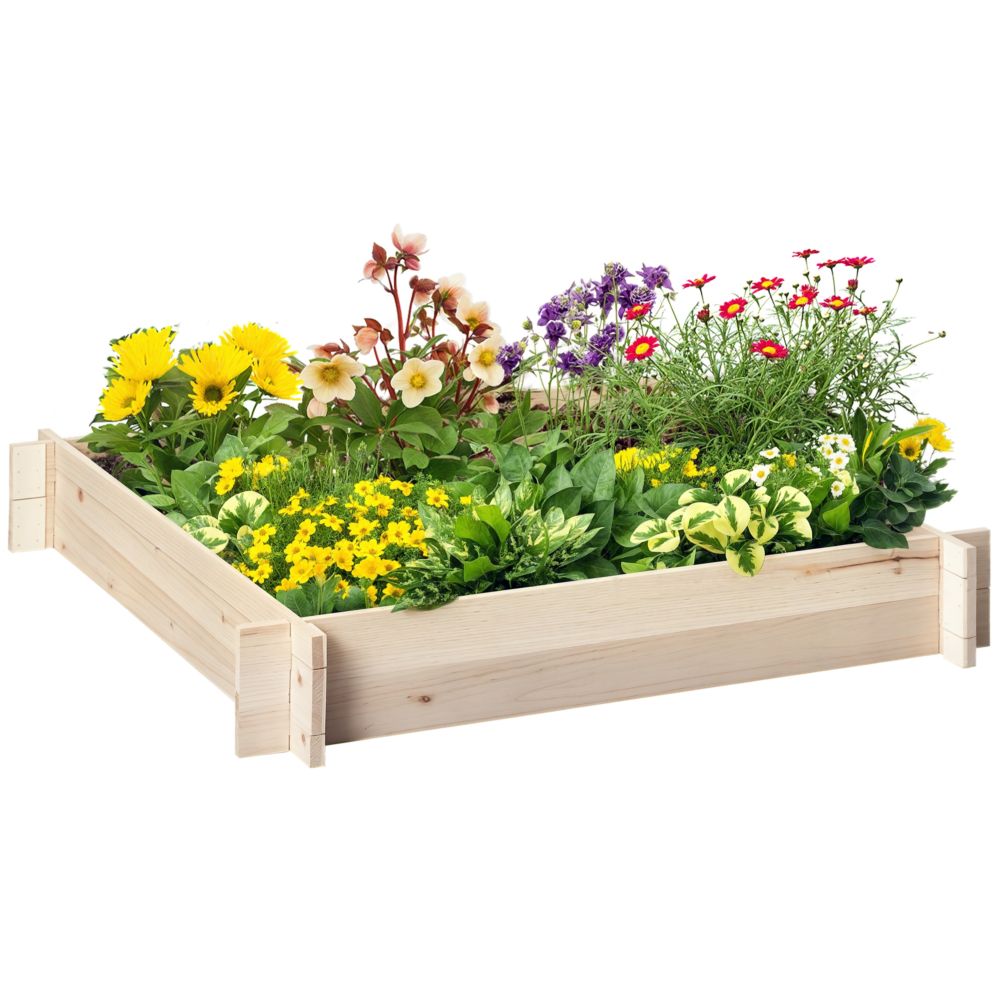 Aiuola rialzata in legno piena di vari fiori colorati. Sono visibili fiori gialli, viola, rossi e bianchi.