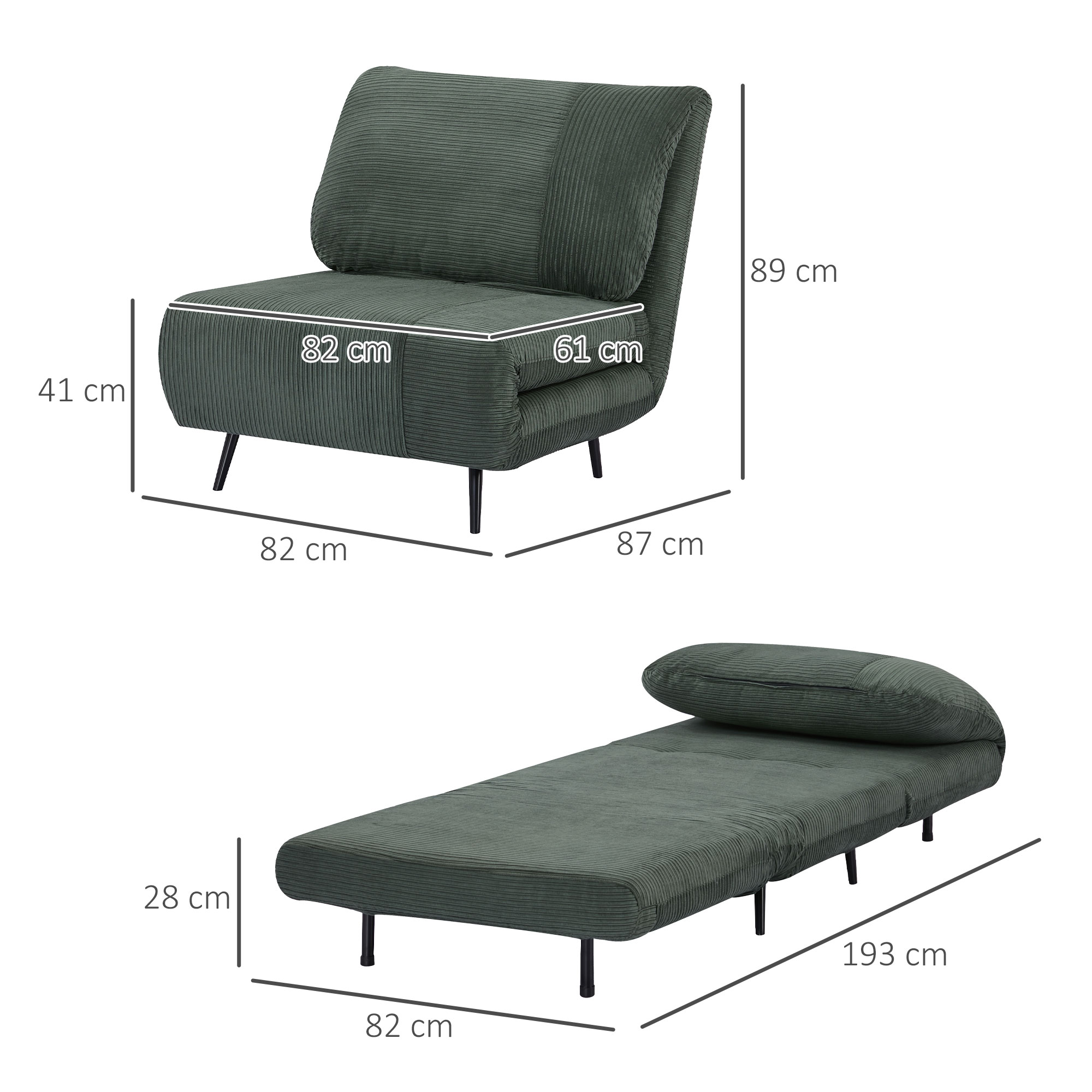 Un divano letto in velluto a coste verde. È piegato come sedia e aperto come letto. Dimensioni fornite.