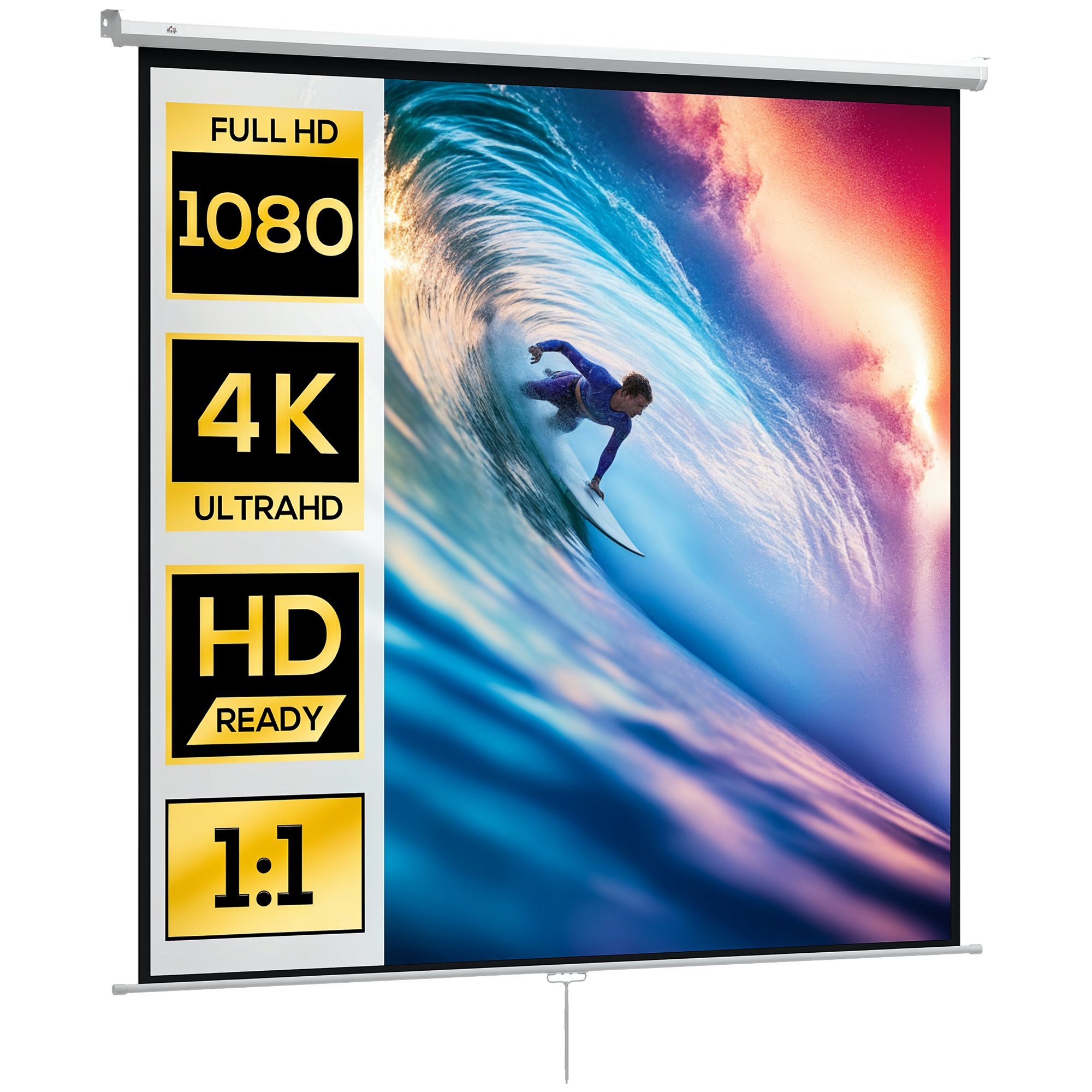 Uno schermo di proiezione mostra un surfista che cavalca un'onda. Le etichette indicano Full HD, 4K, HD Ready e un rapporto 1:1.