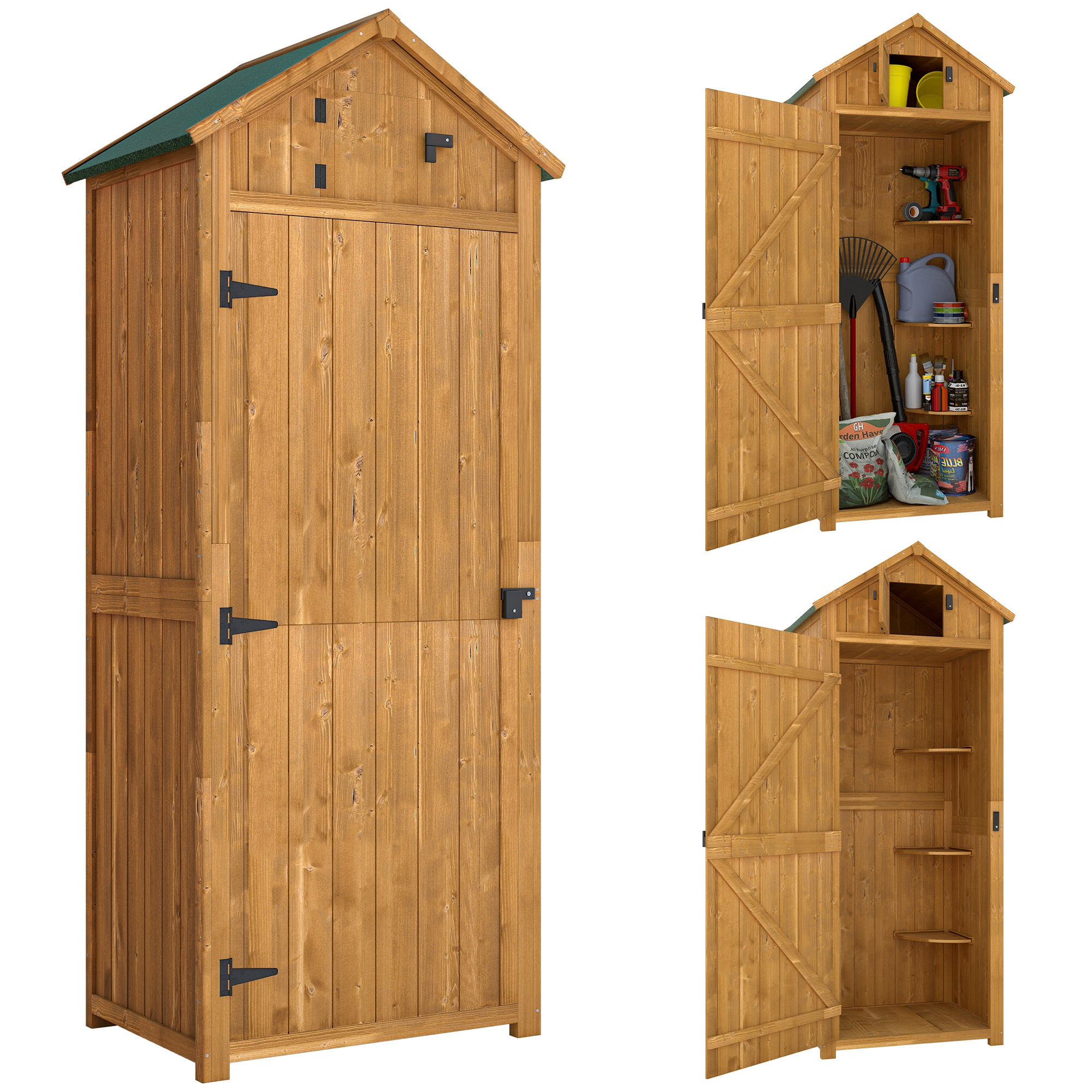Un capanno da giardino in legno con tetto verde. Una porta è aperta, rivelando attrezzi e provviste. Un'altra porta è aperta.