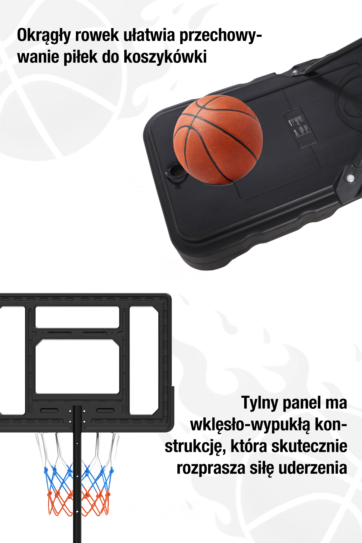 Koszykówka i tablica. Tablica jest czarna, siatka ma czerwony i niebieski. Piłka jest pomarańczowa.