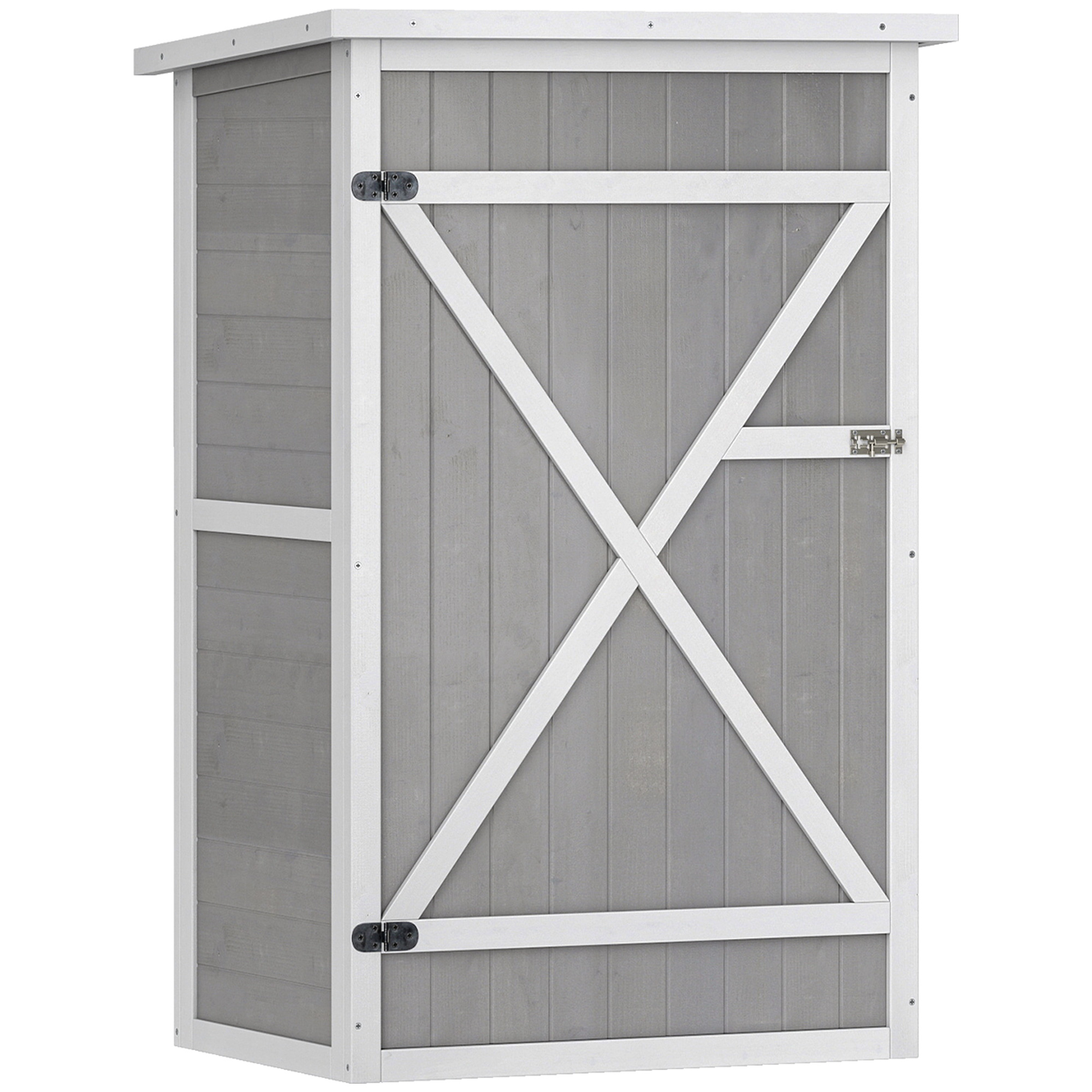 Un armadio in legno grigio con un design a X bianco sulla porta, finiture bianche e un piccolo tetto.