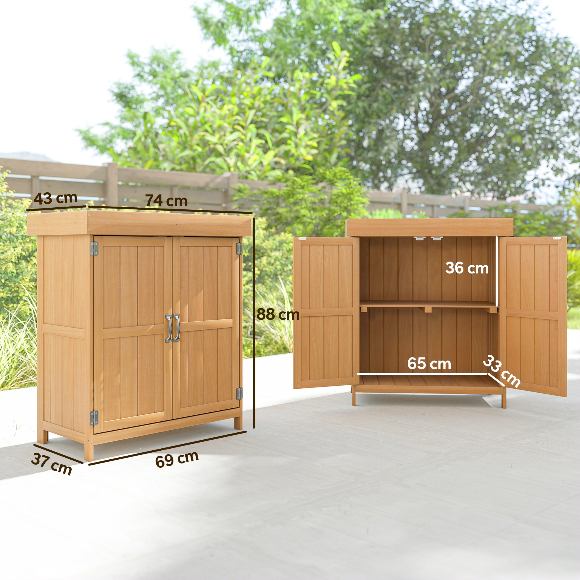 Mobile contenitore in legno, una porta aperta, con dimensioni. All'aperto, con alberi sullo sfondo.