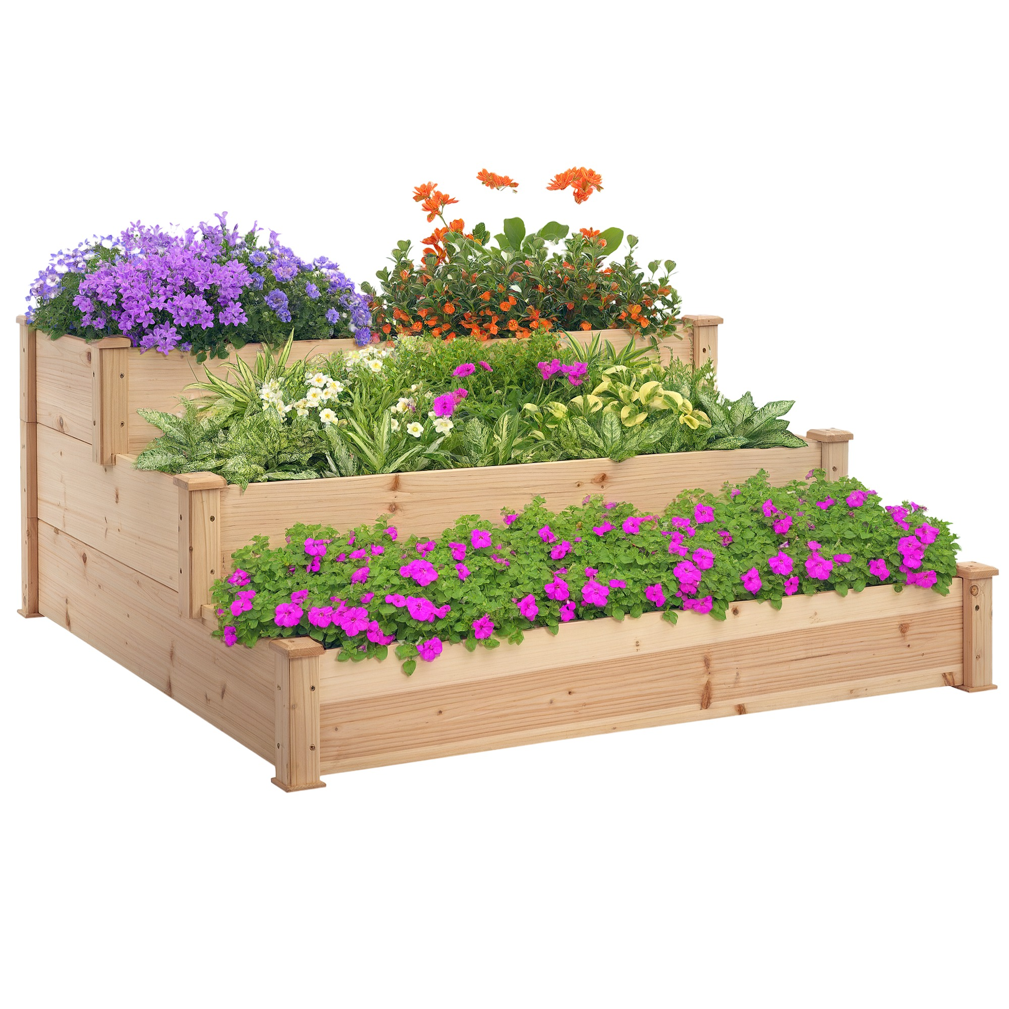 Una fioriera in legno a più livelli piena di vari fiori. Sono visibili fiori viola, arancioni e rosa.