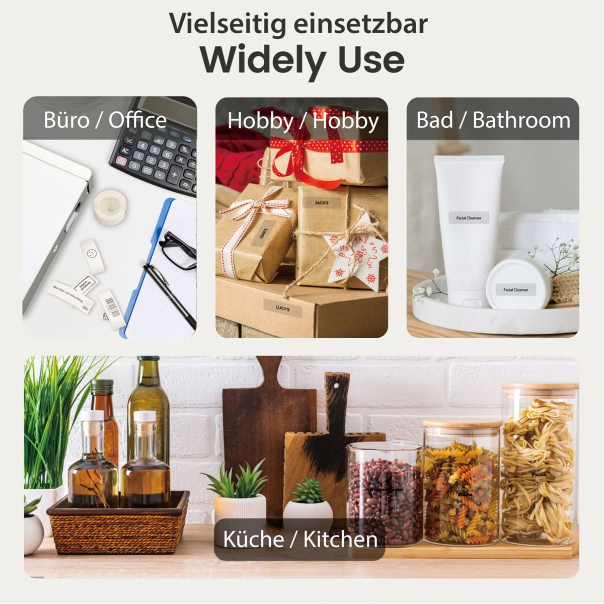 L'image montre des scènes : bureau avec calculatrice, cadeaux emballés, salle de bain avec nettoyant et cuisine avec bocaux et bouteilles.