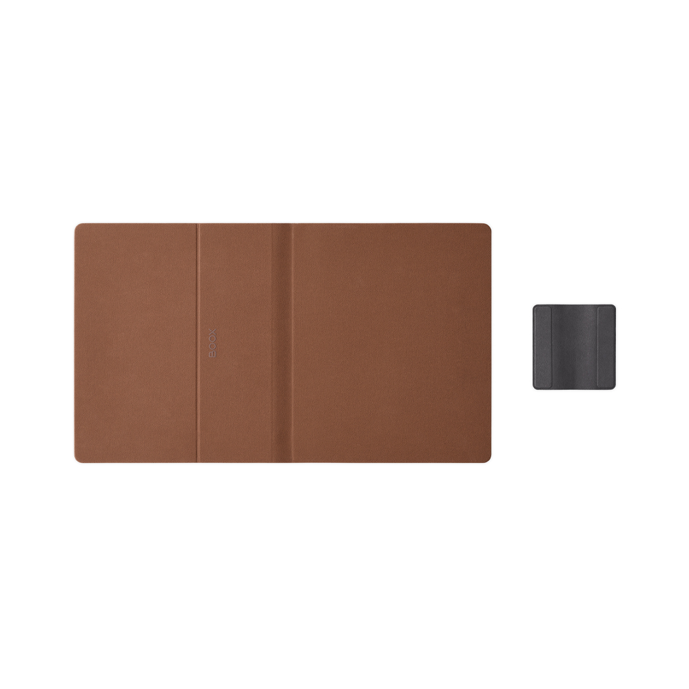 Una funda de lector electrónico de cuero marrón y un estuche negro pequeño se muestran sobre un fondo blanco. La funda está abierta.