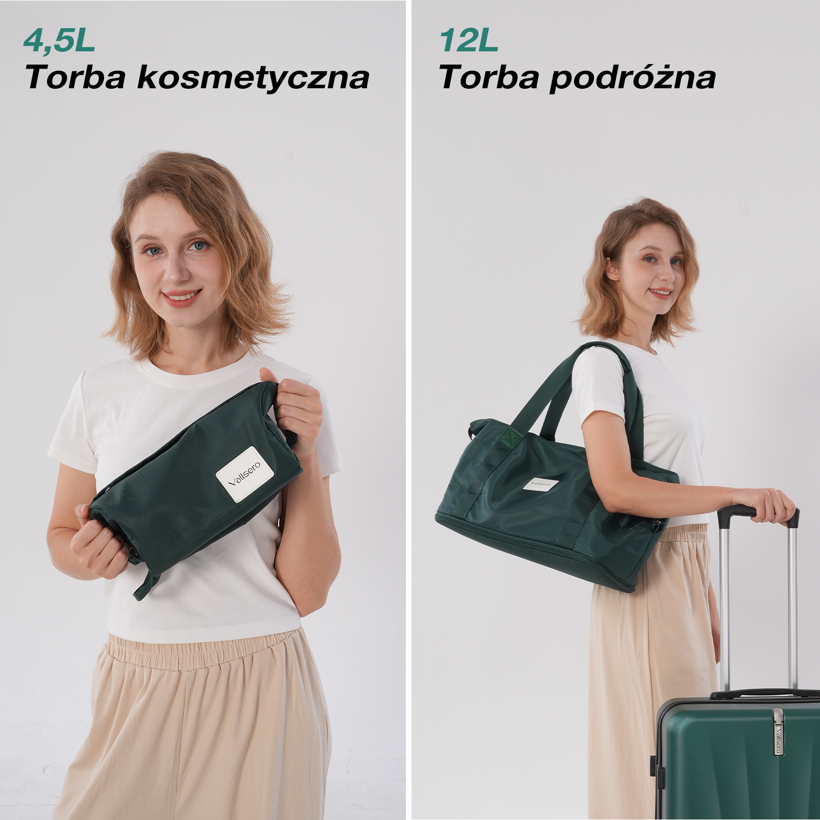 Kobieta trzyma zieloną kosmetyczkę i torbę podróżną. Obie torby są oznaczone napisem 'Vallsero'. Stoi obok zielonej walizki.