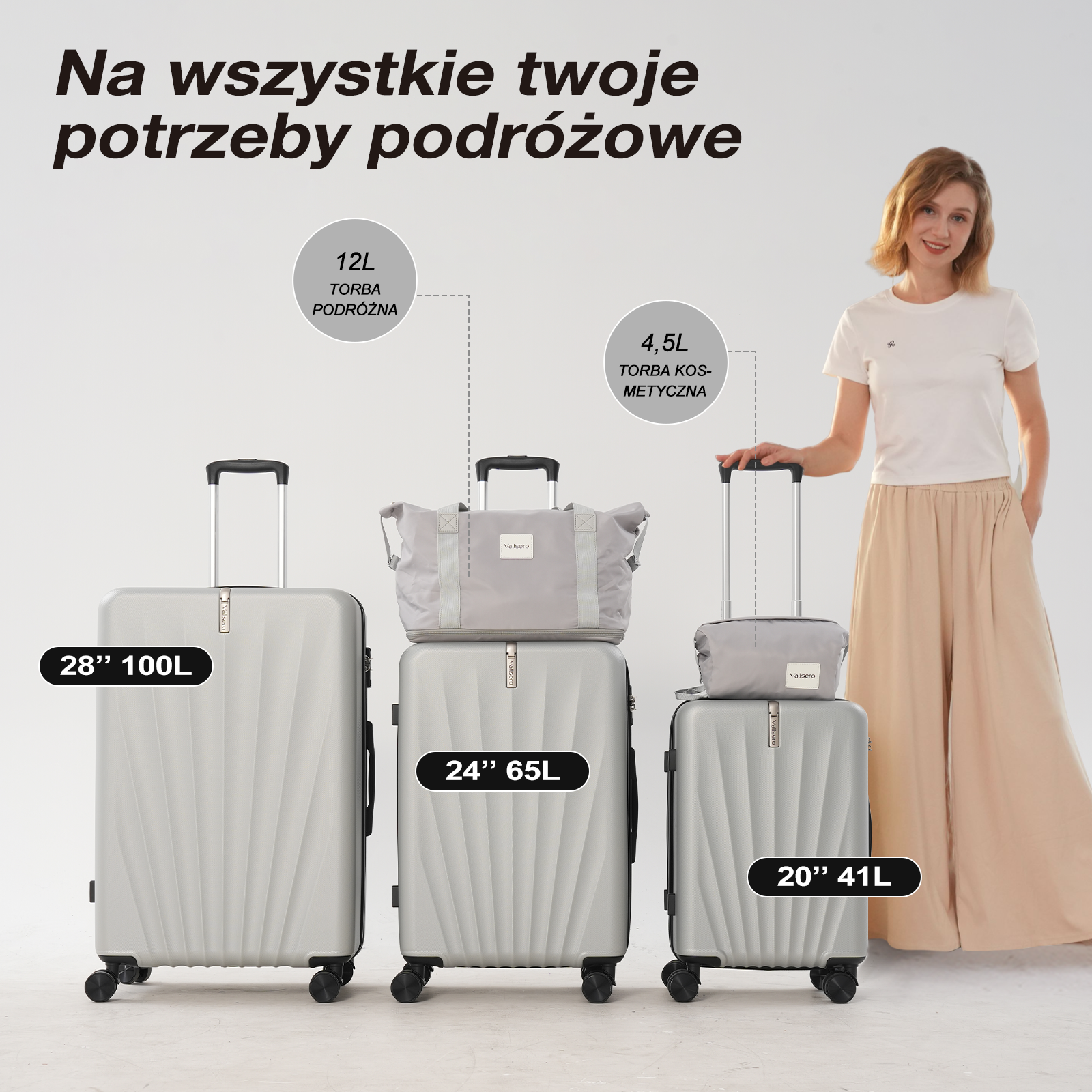 Zdjęcie przedstawia kobietę z bagażem. Trzy walizki o różnych rozmiarach i dwie mniejsze torby.