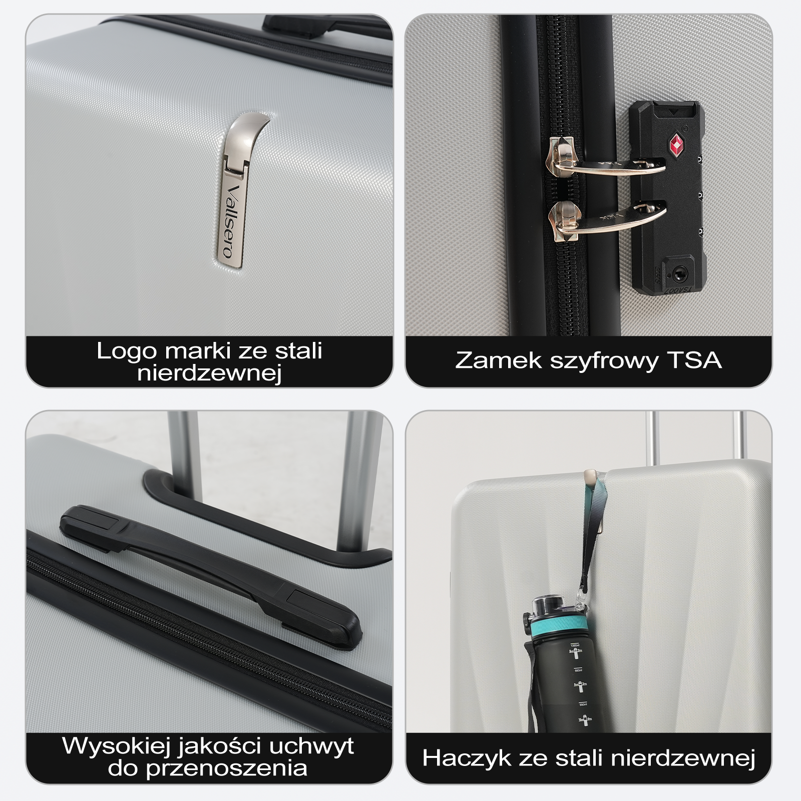 Szczegóły srebrnej walizki: logo, zamek TSA, uchwyt, haczyk. Czarna butelka z wodą wisi. Wszystko na jasnoszarym tle.