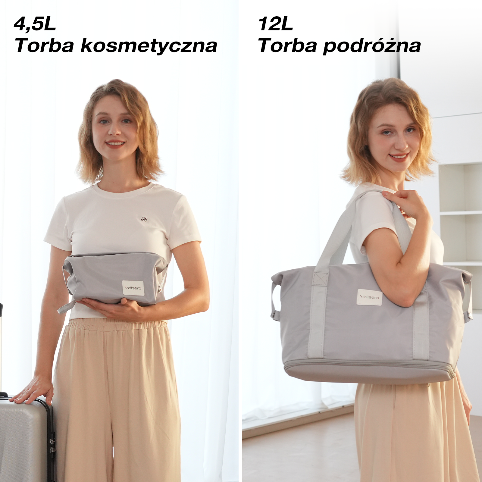Kobieta trzyma szarą kosmetyczkę, a inna szarą torbę podróżną. Obie torby mają etykietę.