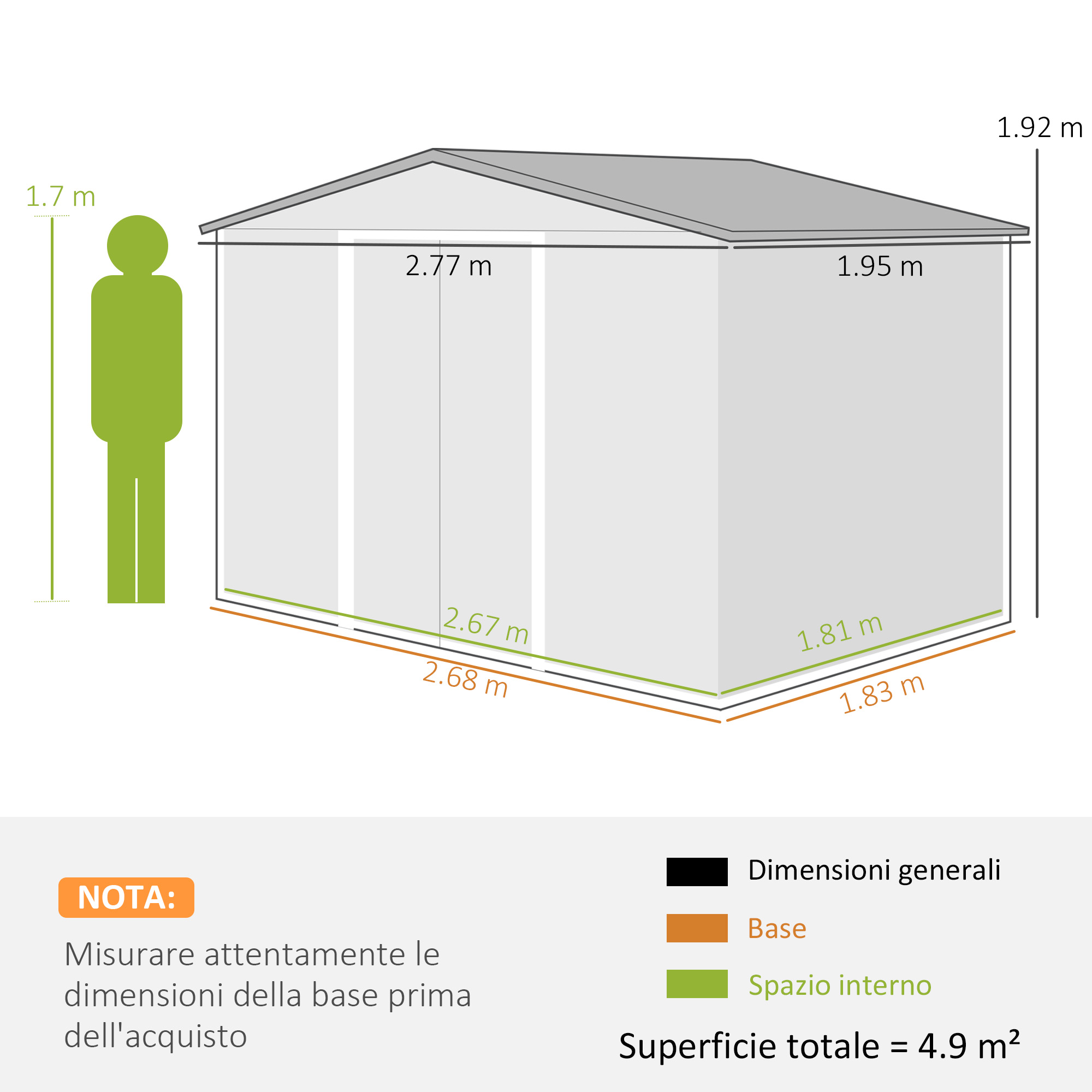 Diagramma di un capannone con dimensioni in metri, un'icona di persona e una nota sulla misurazione della base.